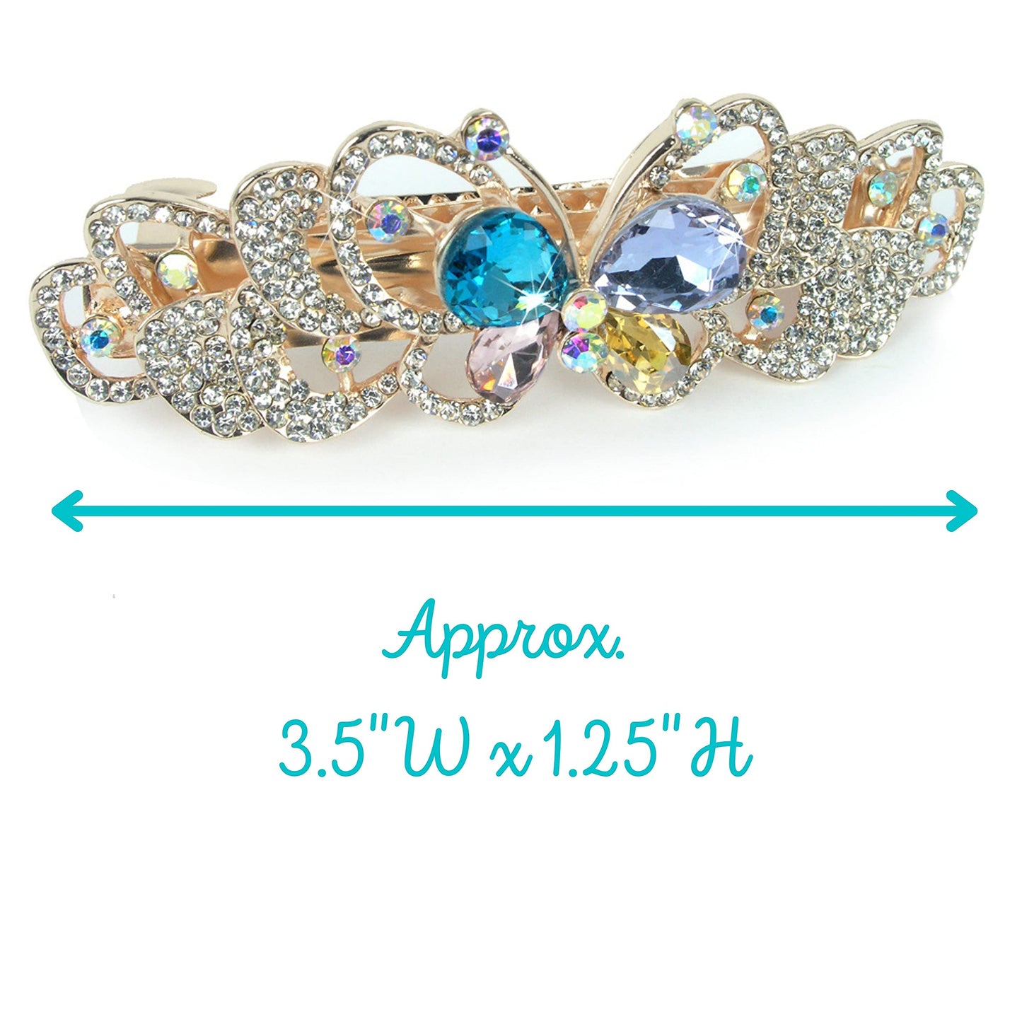 Butterfly Hair Barrettes - Jeweled Clips - Roses - Gold Metal with Rhinestones - Multi-Colored Jewels - 3.5" x 1.25" - Set of 2