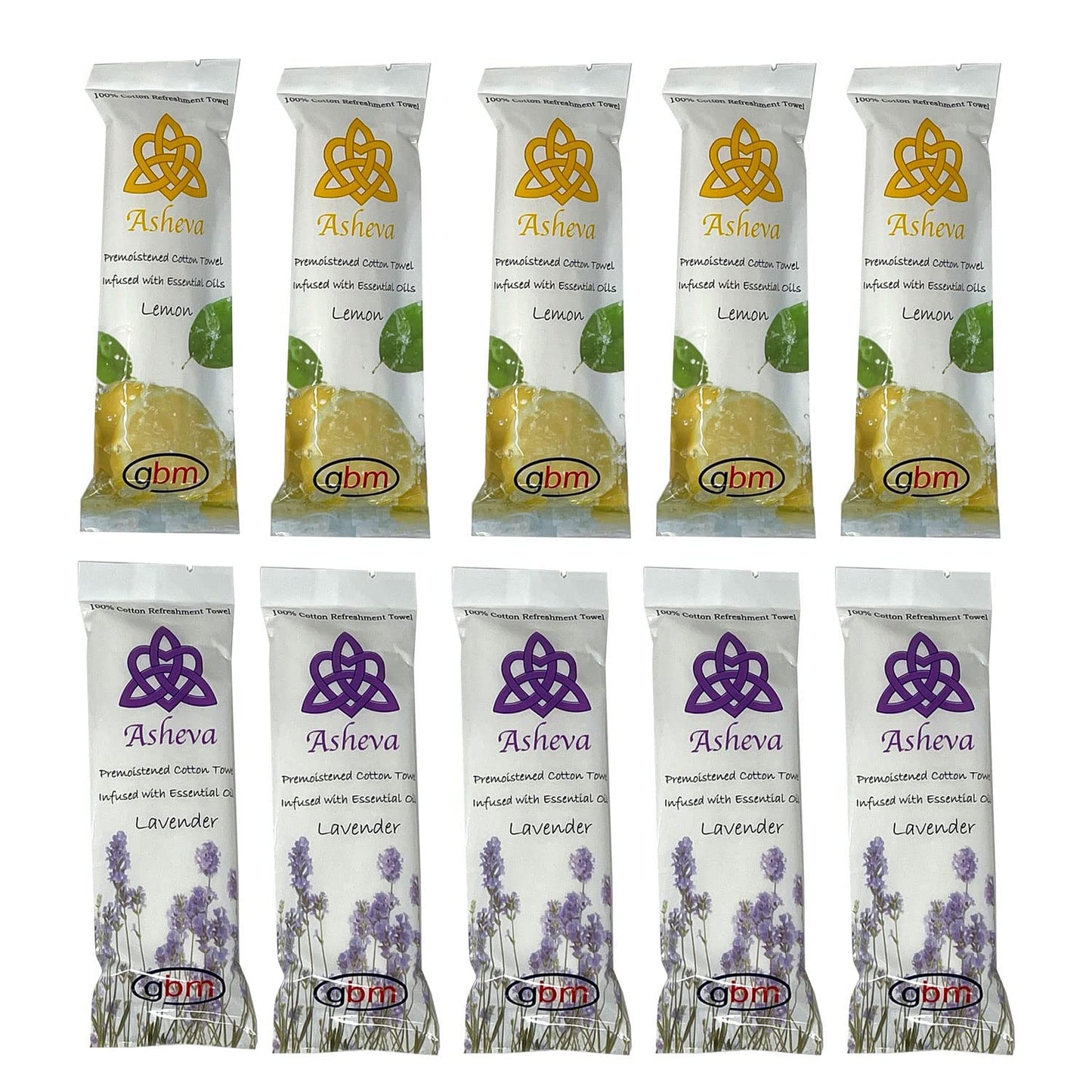 Asheva 8" x 9" Individually Wrapped Oshibori Disposable Towels - Luxurious Moist Cotton Hot/Cold Refreshment Towel - Lavender, Lemon, or Tea Tree