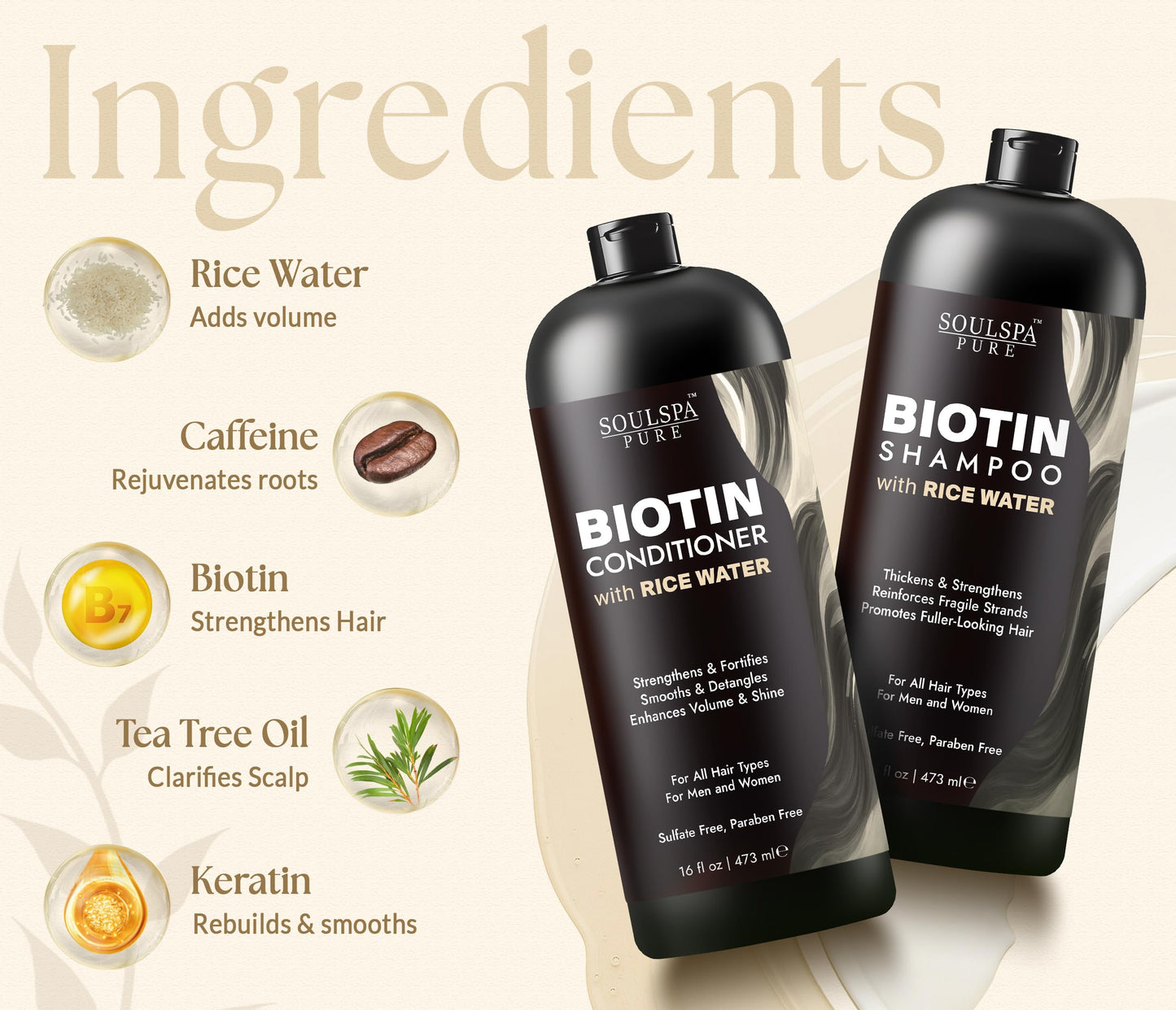 SOULSPA PURE Biotin Rice Water Shampoo and Conditioner Set - Thickening Formula with Rice Protein & Keratin - Strengthening Hair Care for Thinning