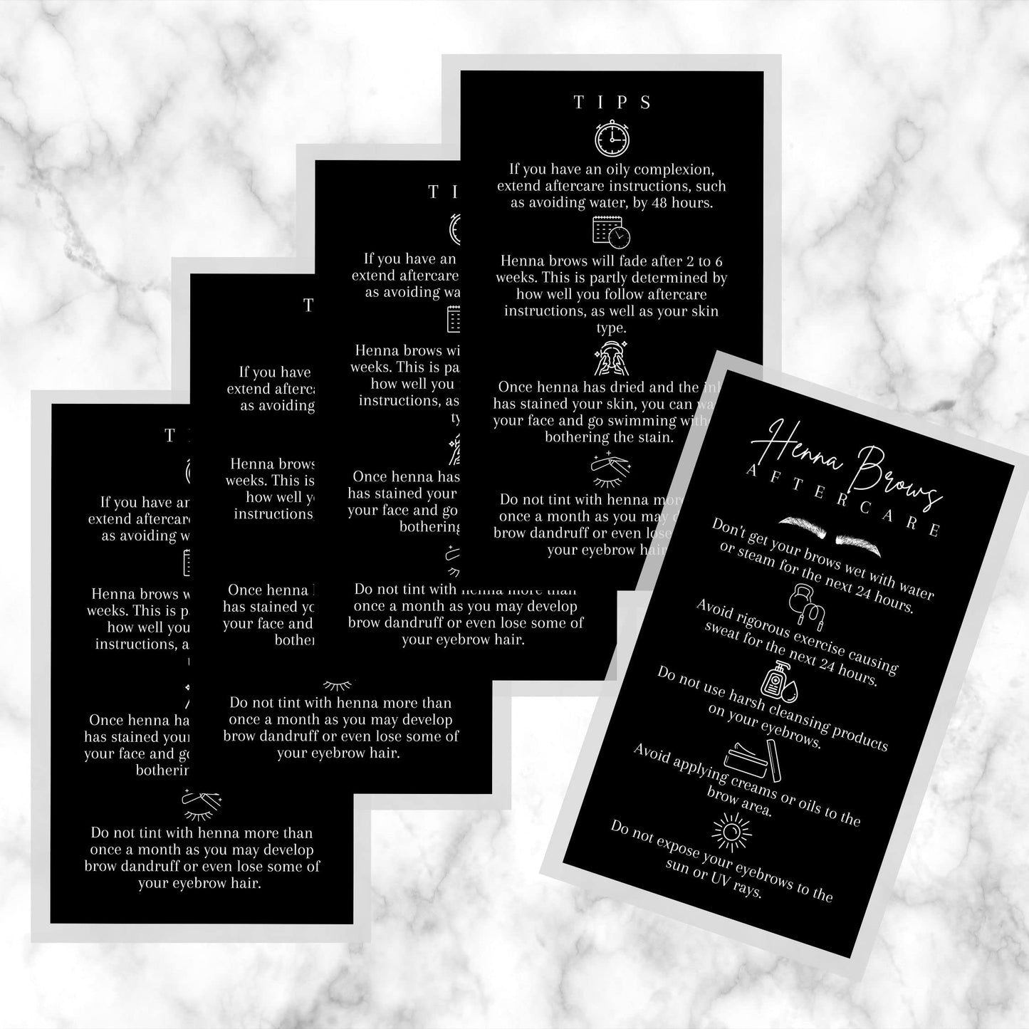 Brow Henna Aftercare & Tips Cards | Physical Printed 2 x 3.5” inches Business Card Size | Brow Artist Supplies | Henna Brow Care | Black and White