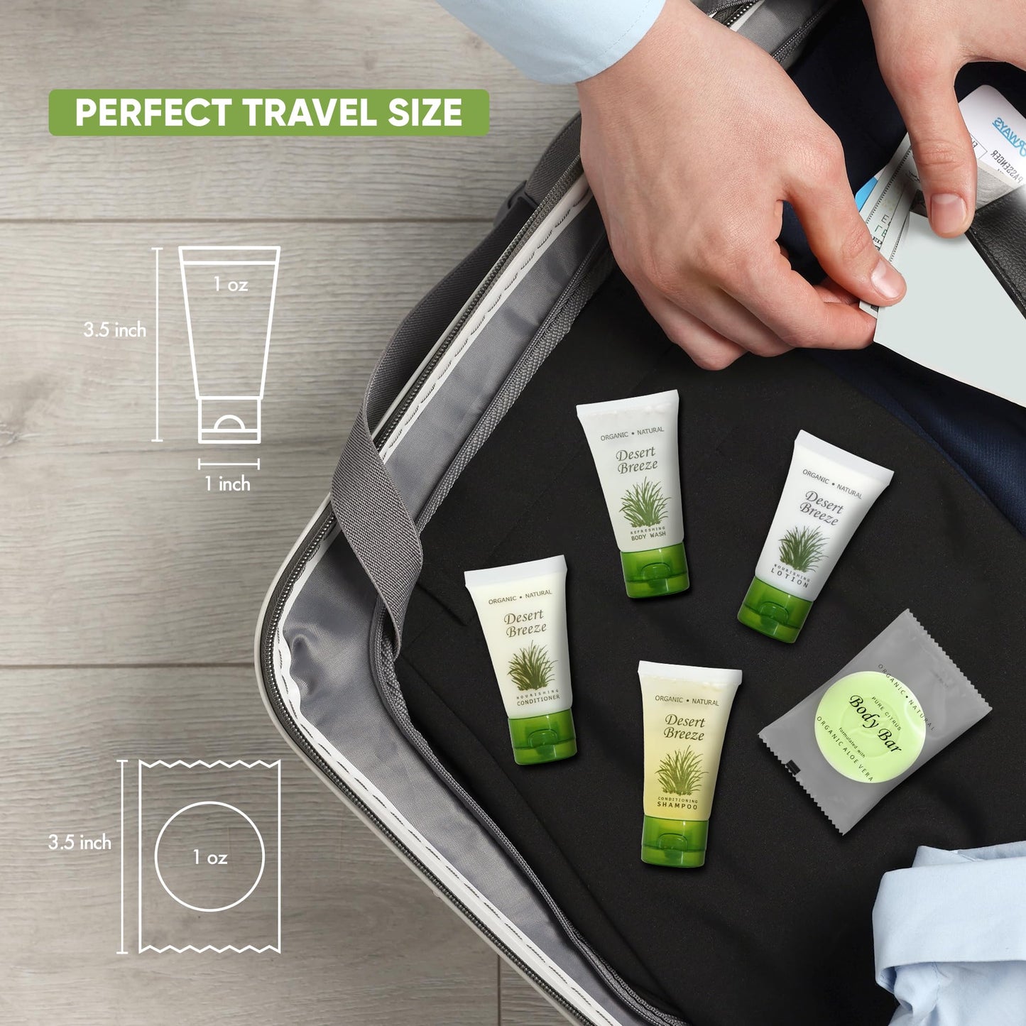 Travel Size Hotel Toiletry Set 300 Count 1 oz Bottles Guest Amenities for Vacation Rentals and Short Term Rentals Paraben Free Green Tea Lemongrass