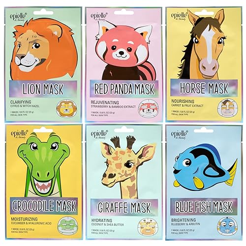 Epielle Character Face Mask Wild Kingdom 6 Pack, Fun & Effective Korean Skin Care, Spa Party Favors, Stocking Stuffers, Birthday Gifts for Women, Self