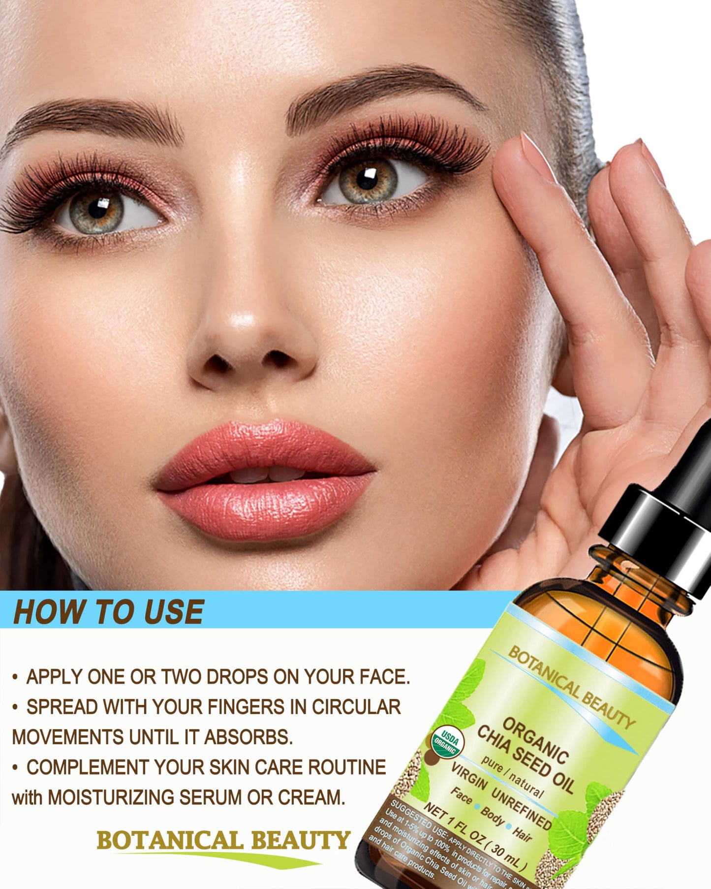 Botanical Beauty Organic CHIA SEED OIL 100% Pure Natural Virgin Unrefined Cold-Pressed Carrier Oil for Face, Skin, Body, Hair, Lip, Nails. Rich in