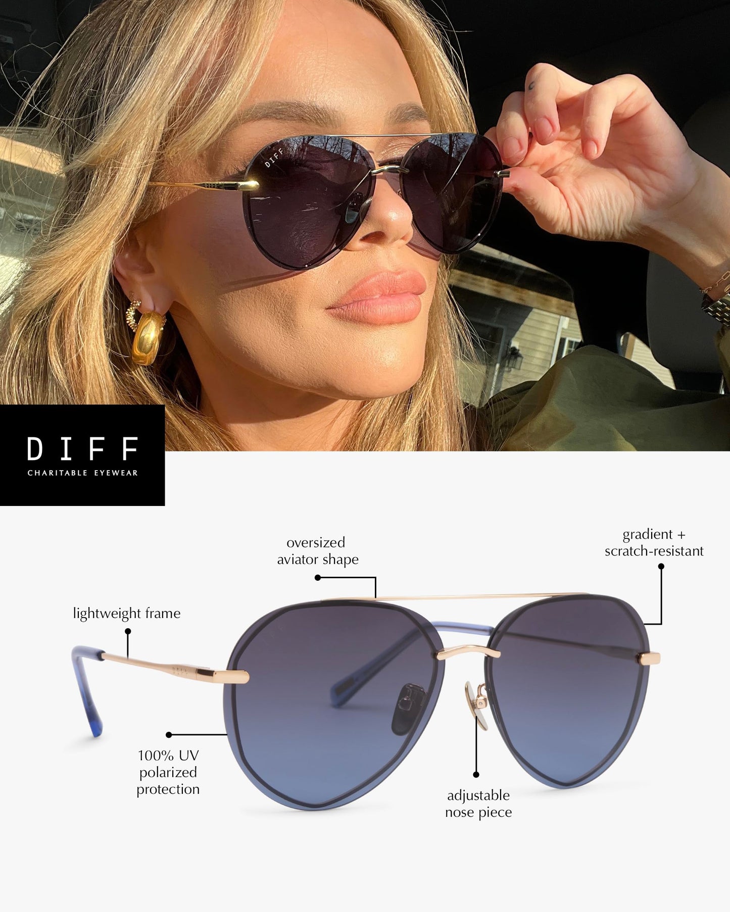 DIFF Lenox Gold + Blue Gradient, Designer Oversized Aviator Sunglasses for Women UV400 Polarized