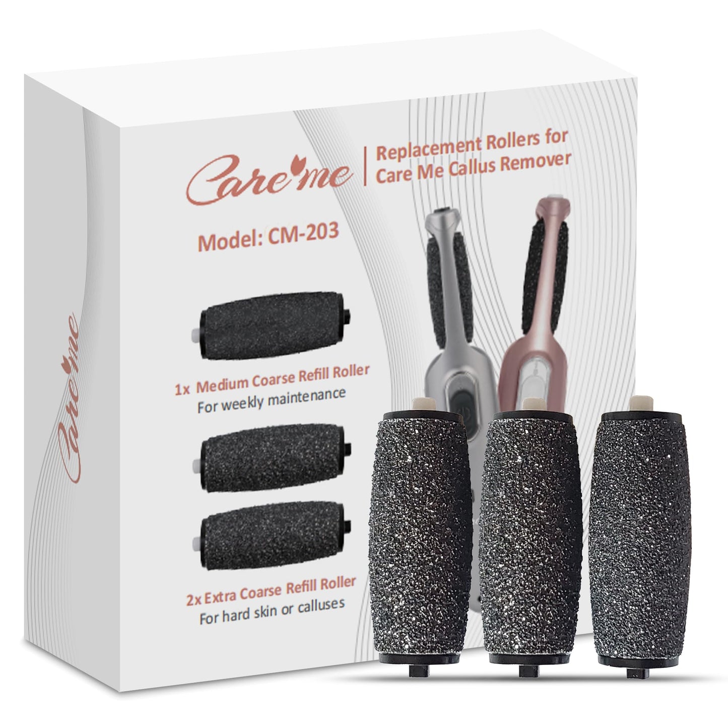Extra Coarse Refill Rollers for CARE ME Electric Foot Callus Remover CM-203 - 2 Super Coarse and 1 Medium Coarse Replacement Heads for Dead, Hard Skin