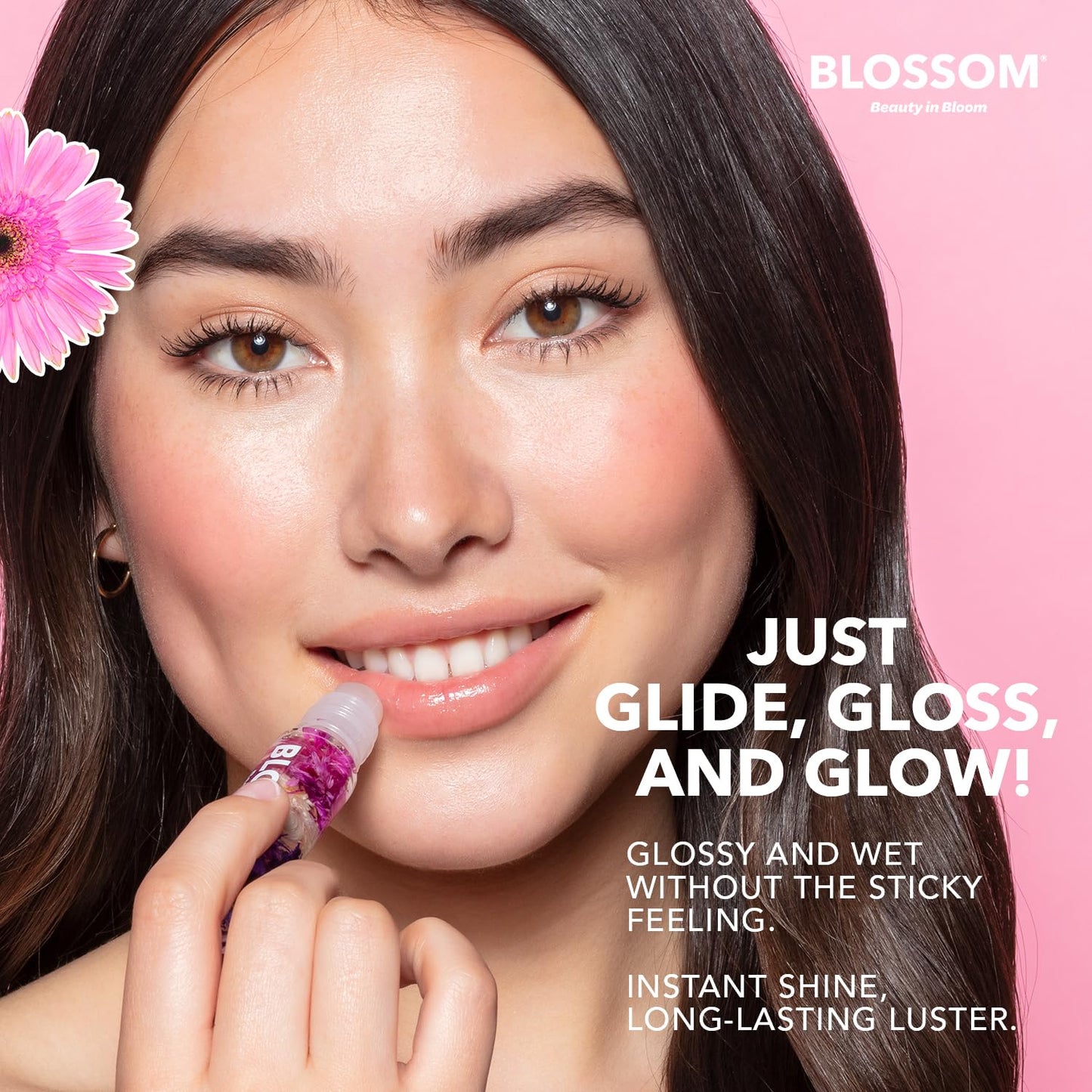 Blossom Roll on Lip Gloss, Scented Clear High Shine Moisturizing Lip Oil, Non Sticky, Infused with Real Flowers, Made in USA, 0.3 fl. oz./9ml, 3 pack