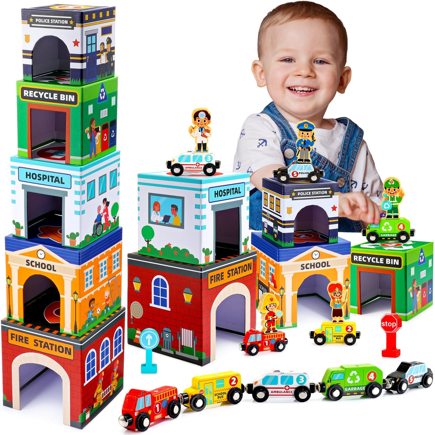 Baby Stacking Toys – Magnetic Wooden Cars & Garage Sorting Set, Montessori Educational Toys for Toddlers & Preschool Kids Birthday Gift