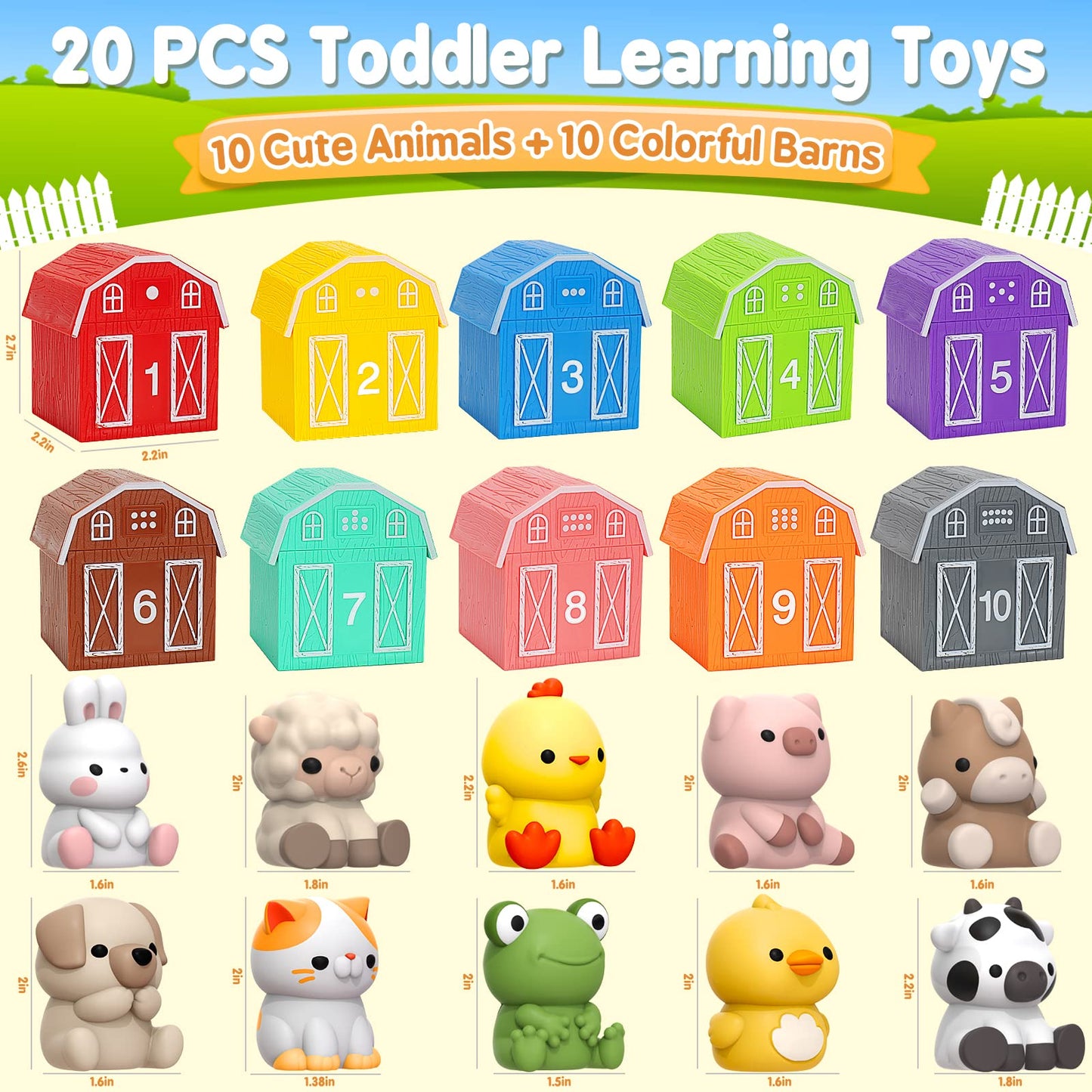 Learning Toys for Toddlers Ages 1-3 – 20 Pcs Farm Animal Montessori Counting, Sorting & Matching Fine Motor Games, Gifts for Boys & Girls 12-18m+