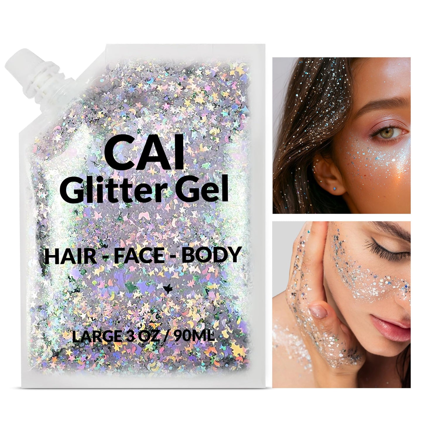 Face, Body & Hair Glitter Gel - Halloween Glitter for Kids and Women - 3 Oz Cosmetic-Grade Gel w/Moon & Stars for Festivals & Halloween Party, Easy