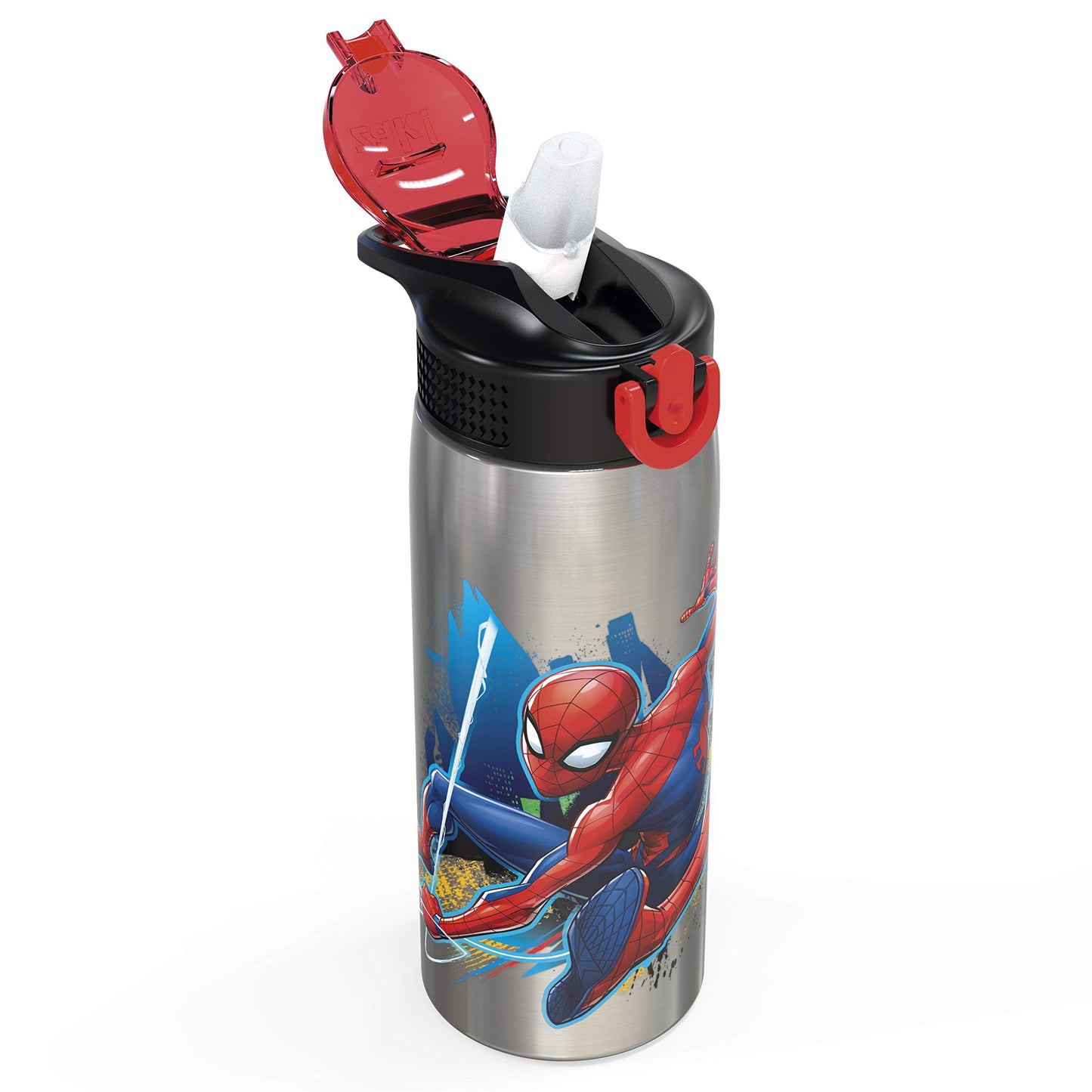 Zak Designs 27oz Marvel 18/8 Single Wall Stainless Steel Water Bottle with Flip-up Straw and Locking Spout Cover, Durable Cup for Sports or Travel