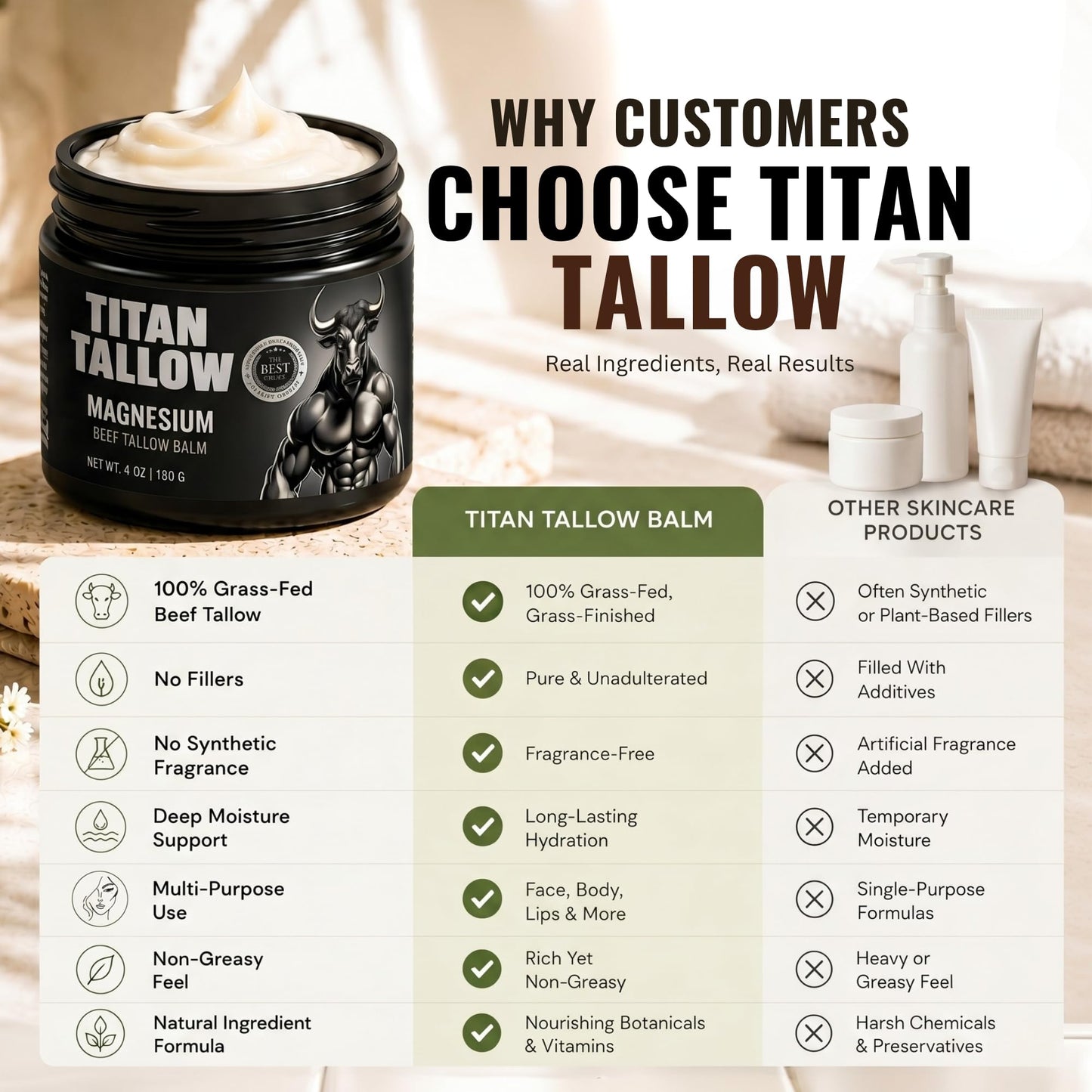 Titan Tallow Balm for Face and Body with Magnesium - Grass-Fed, Grass-Finished Beef Tallow Moisturizer with Manuka Honey, Jojoba Oil, Rosehip Oil