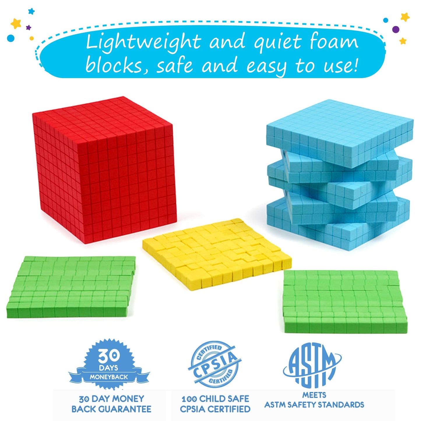 Simply Magic 131pcs Foam Base Ten Blocks – Math Manipulatives for K-3, Place Value Counters, Number Cubes & Counting Blocks