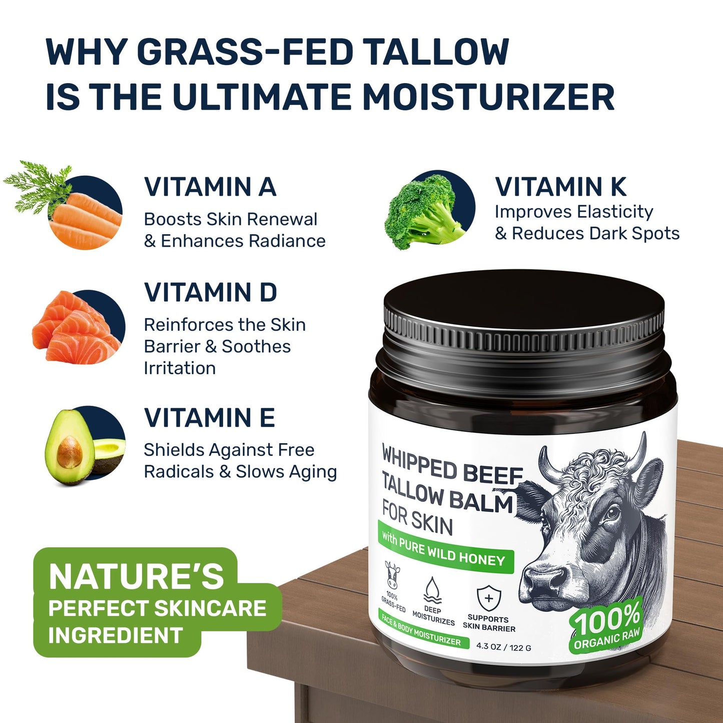 Beef Tallow for Skin - Grass Fed Whipped Tallow and Honey Balm for Face, 3-Ingredient Fragrance Free Beef Tallow for Face and Body with Beeswax Beauty and Personal Care Body Art