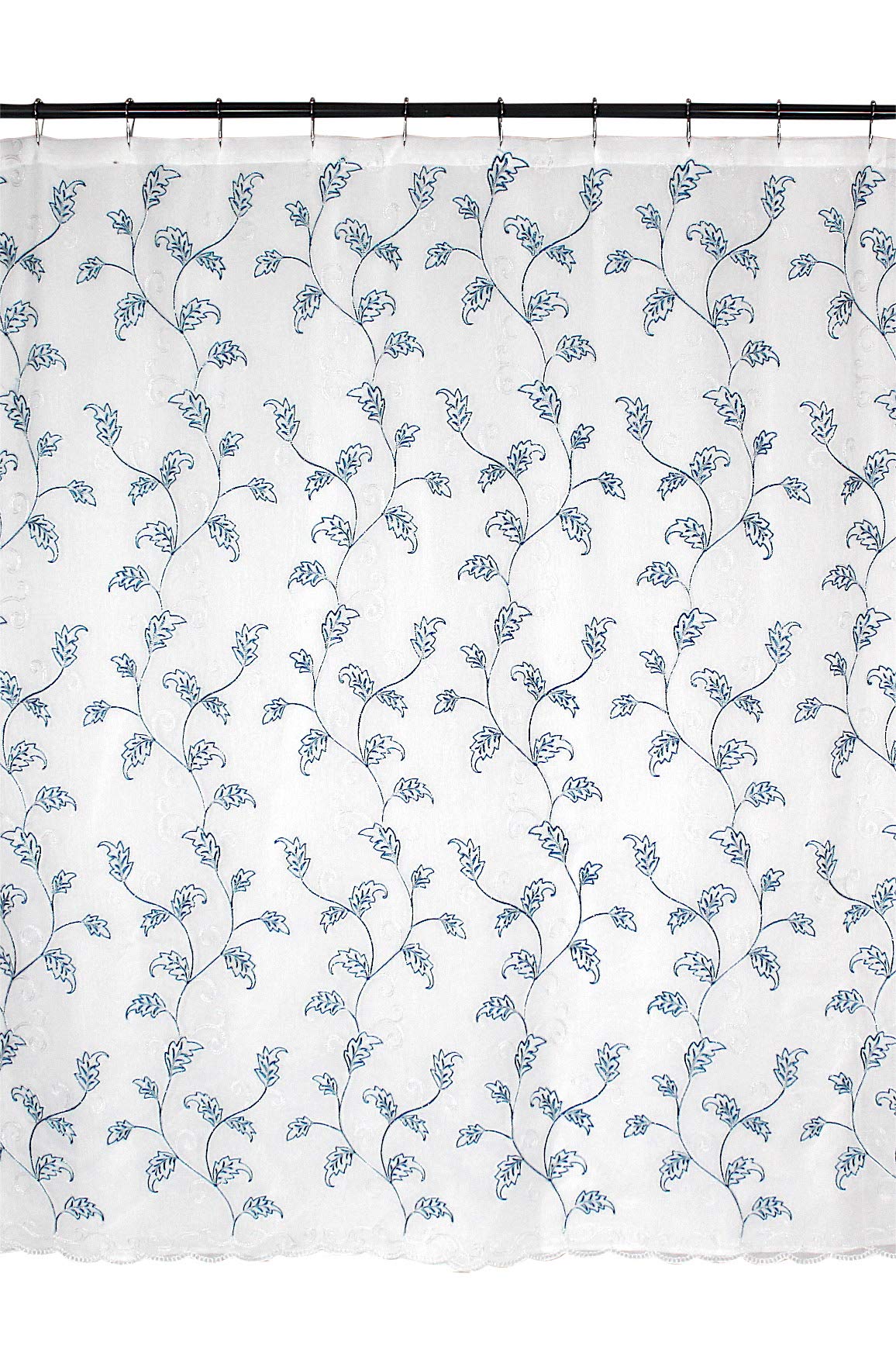 SERAFINA Decorative Sheer Fabric Shower Curtain: Two Toned Teal and White Embroidered Leaves with Metallic Threading (White/Teal) 70 x 72