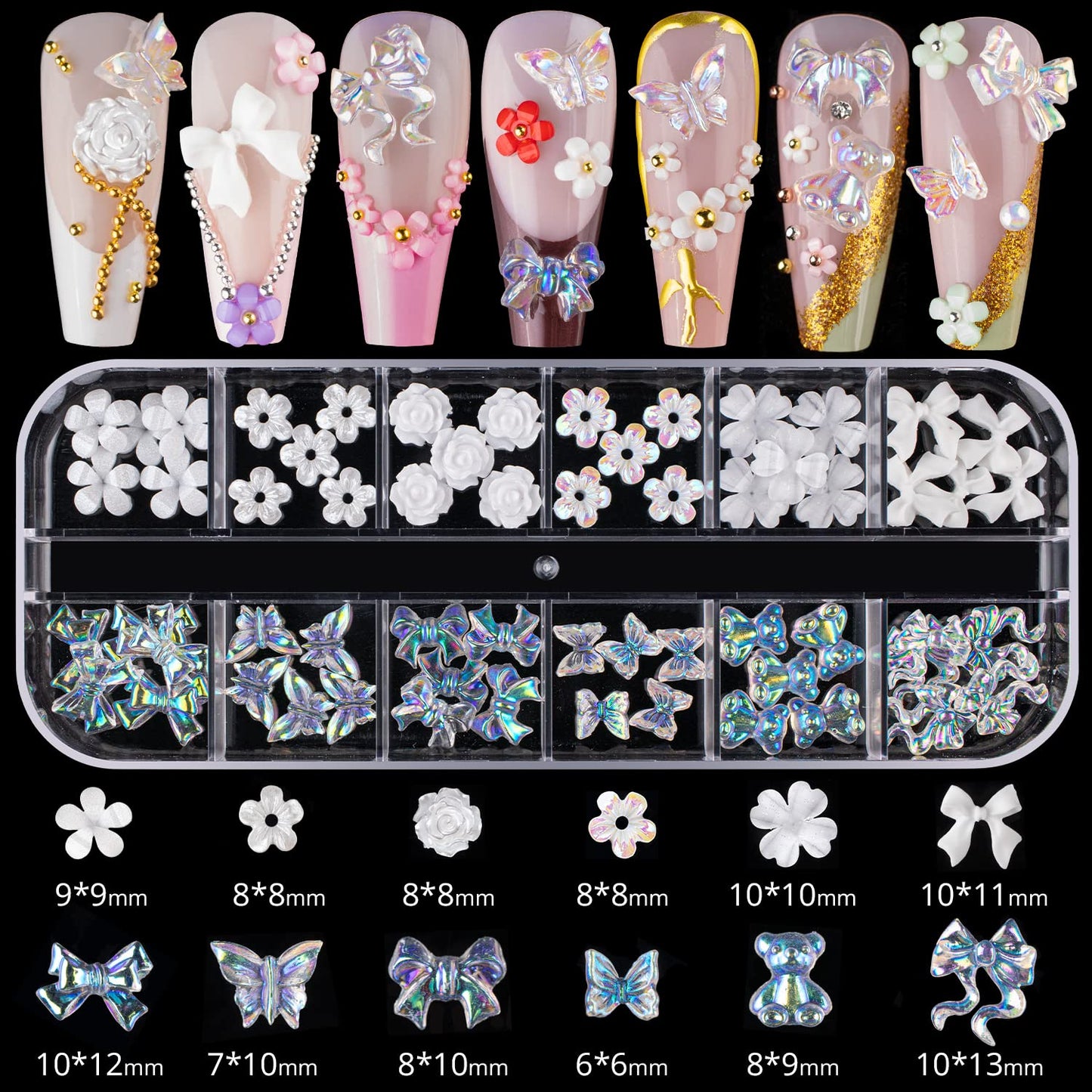 Mixed 3D Nail Art Gem Decoration Accessories Kit #1, Aurora Bear Bow Butterfly Starry AB Rhinestone Charm Jewelry for Deco, Pearl Flower Caviar Bead
