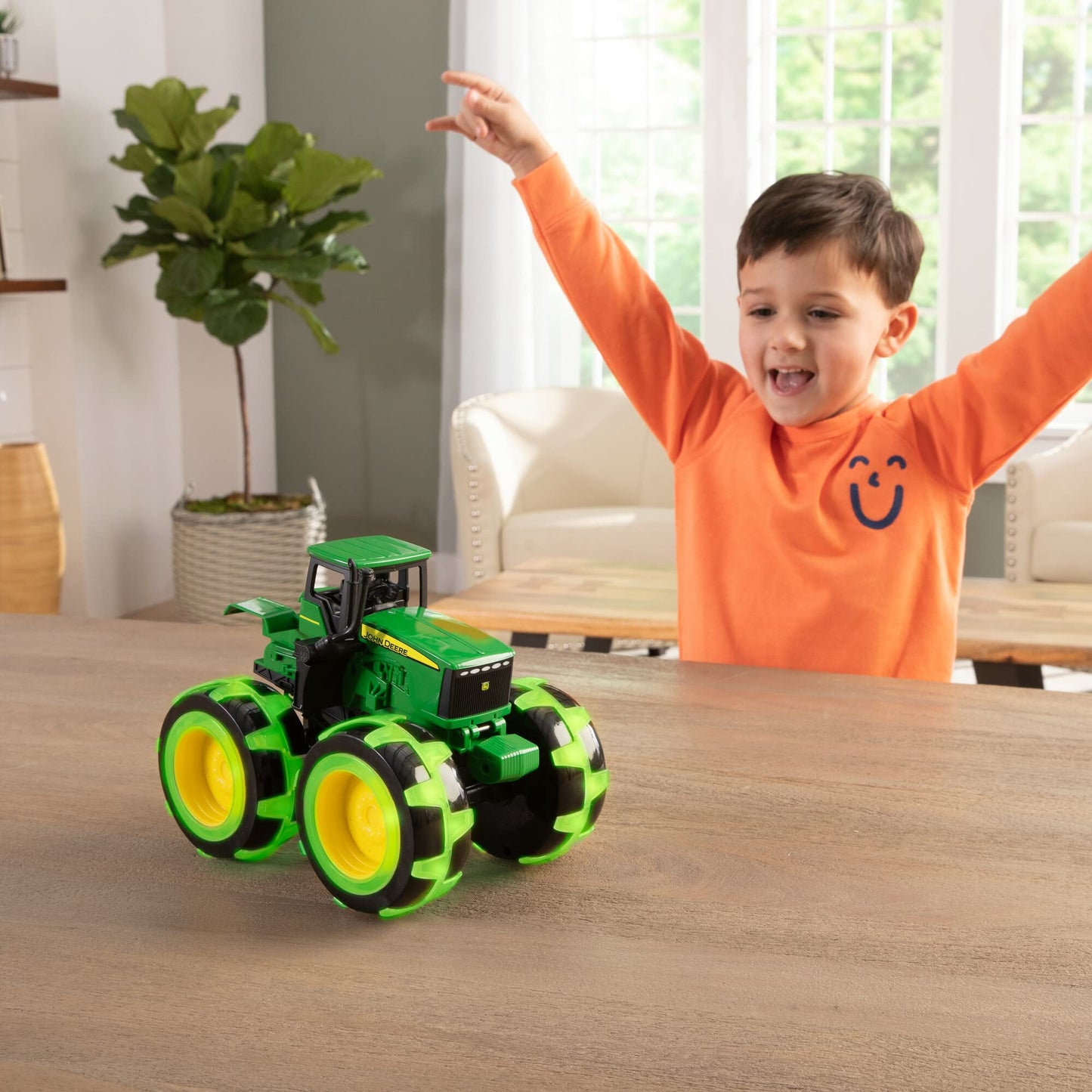 TOMY Monster Treads Lightning Wheels – John Deere Tractor Toy with Motion-Activated Light-Up Monster Truck Tires, Kids Ages 3+