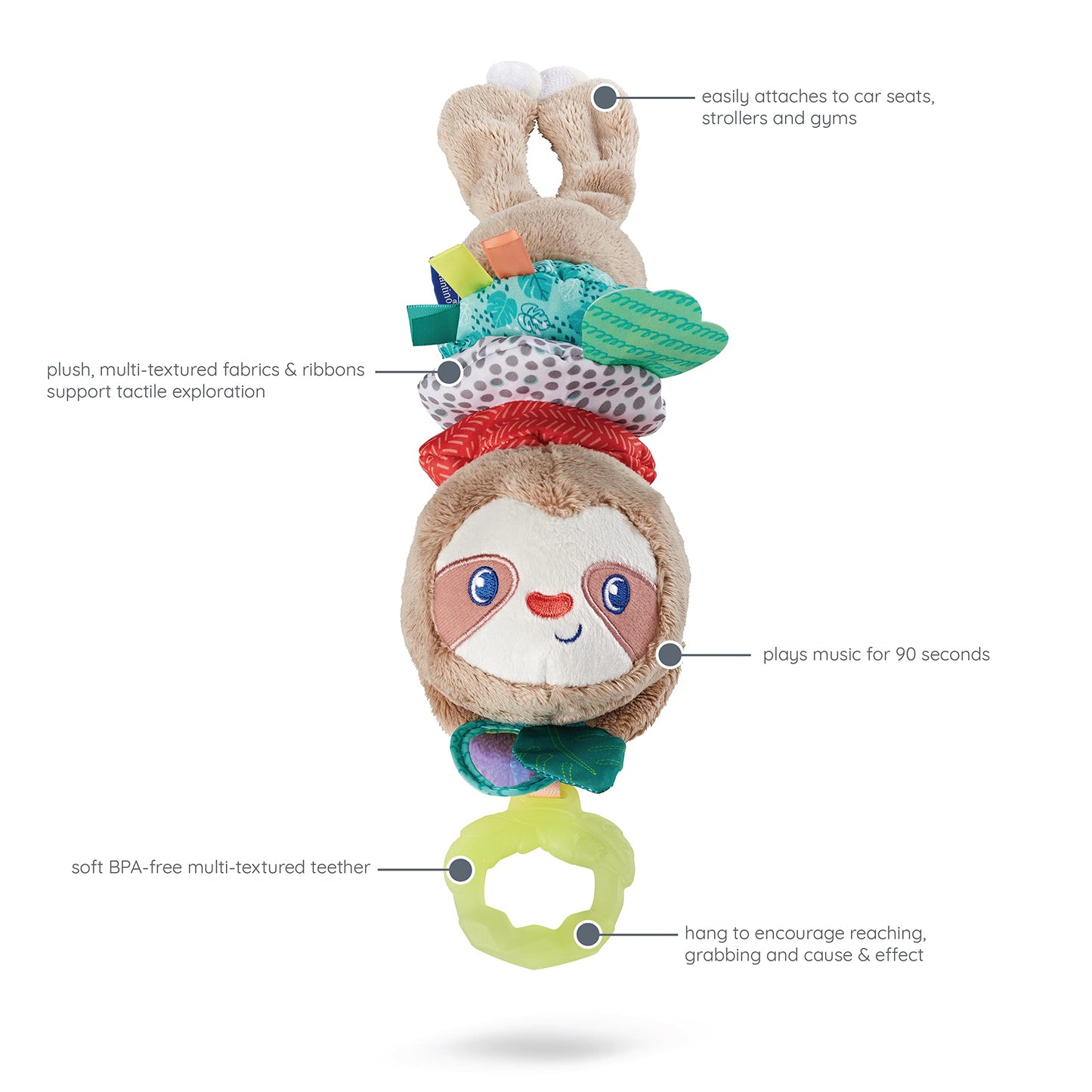 Infantino Music & Motion Pulldown Sloth - Musical Plush Sloth with Multi-Textured teether for Tactile Exploration, Easily attaches to Strollers and…