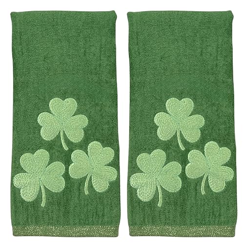 Serafina Home St. Patrick's Day Irish Kitchen Bath Guest Hand Towels: Soft Absorbent Embroidered Green Shamrocks Clovers Trio, 100% Cotton, Green…