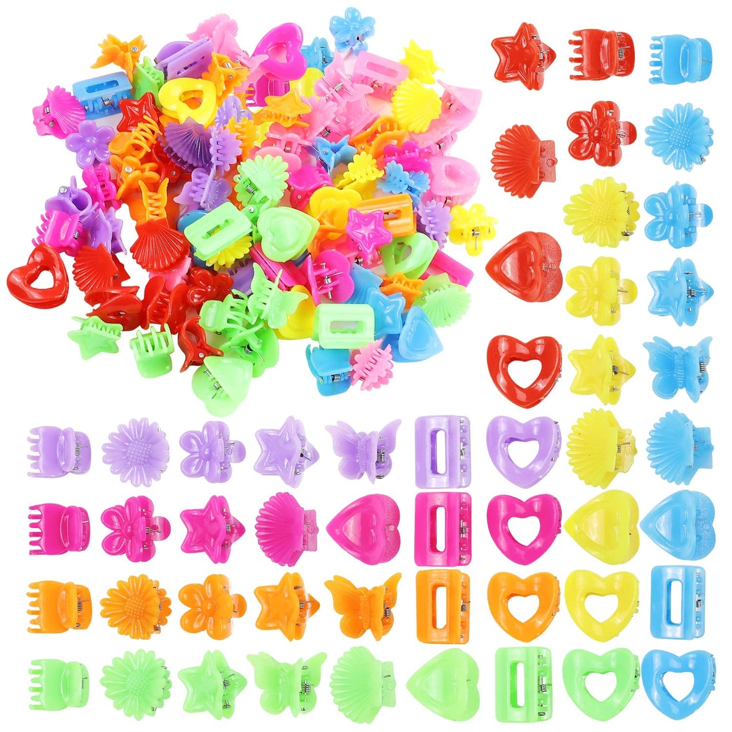 Lawie 90 Pack Small Mini Rainbow Flower Star Heart Butterfly Plastic Hair Claw Clips Jaw Barrettes Grip Clamps Pins Updo Decorative Bun Bangs Braids