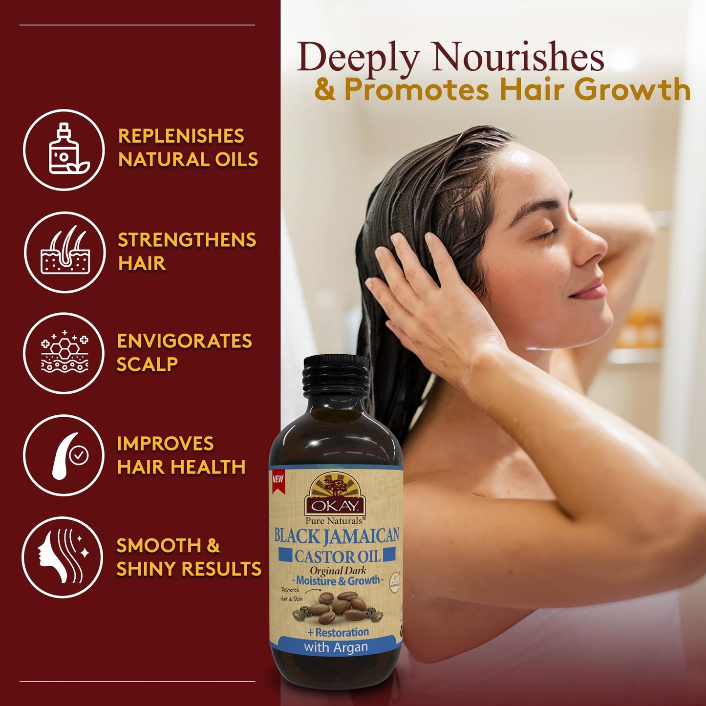 OKAY Pure Naturals Black Jamaican Castor Oil with Argan Oil - Castor for Hair Health, Moisture for Skin, Face, Scalp, Eyelashes, Eyebrows, for Men