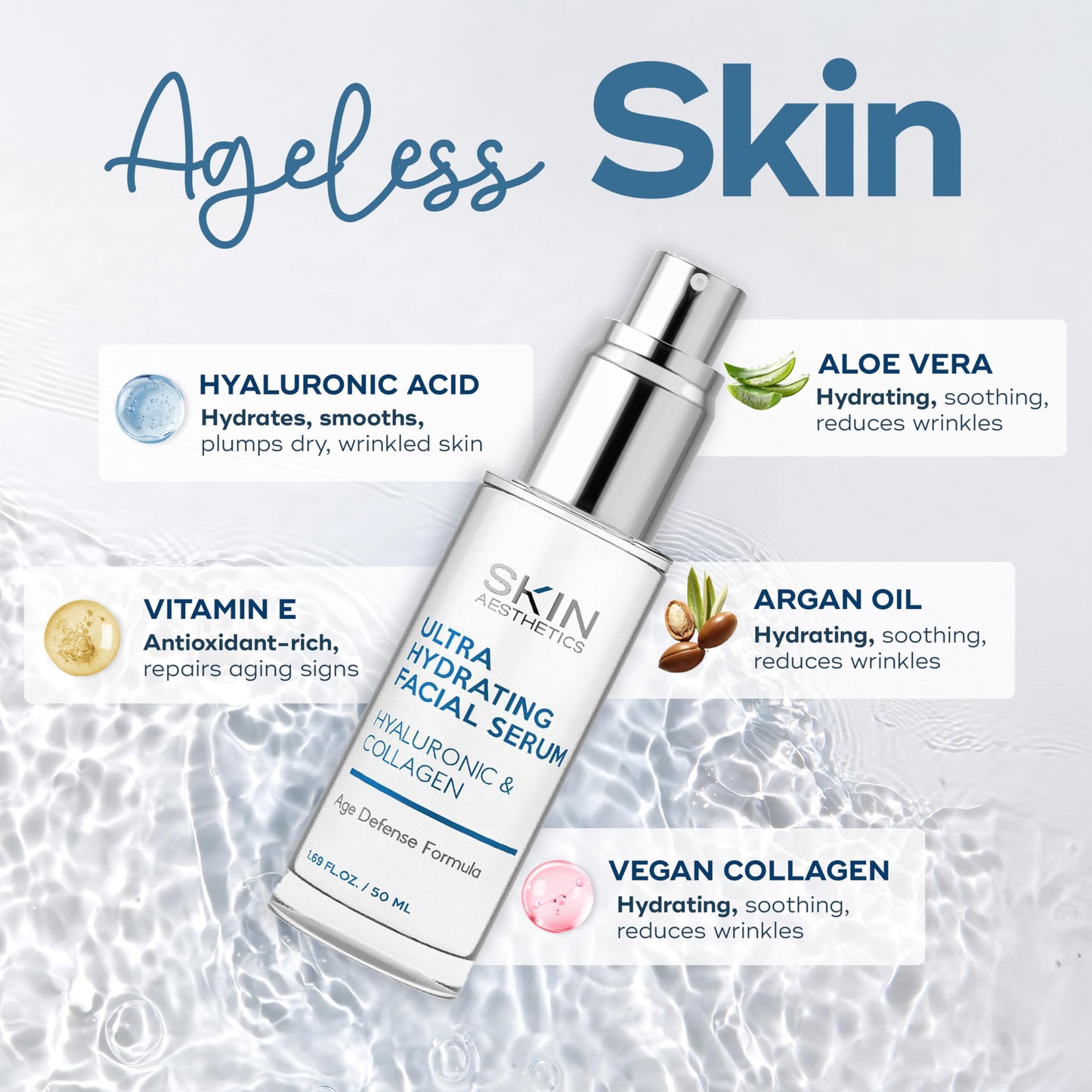 Skin Aesthetics Hyaluronic Acid Serum for Face - Dermatologist Tested - with Collagen for Anti-Aging, Ultra Hydrating, Fine Lines, Wrinkles & Acne
