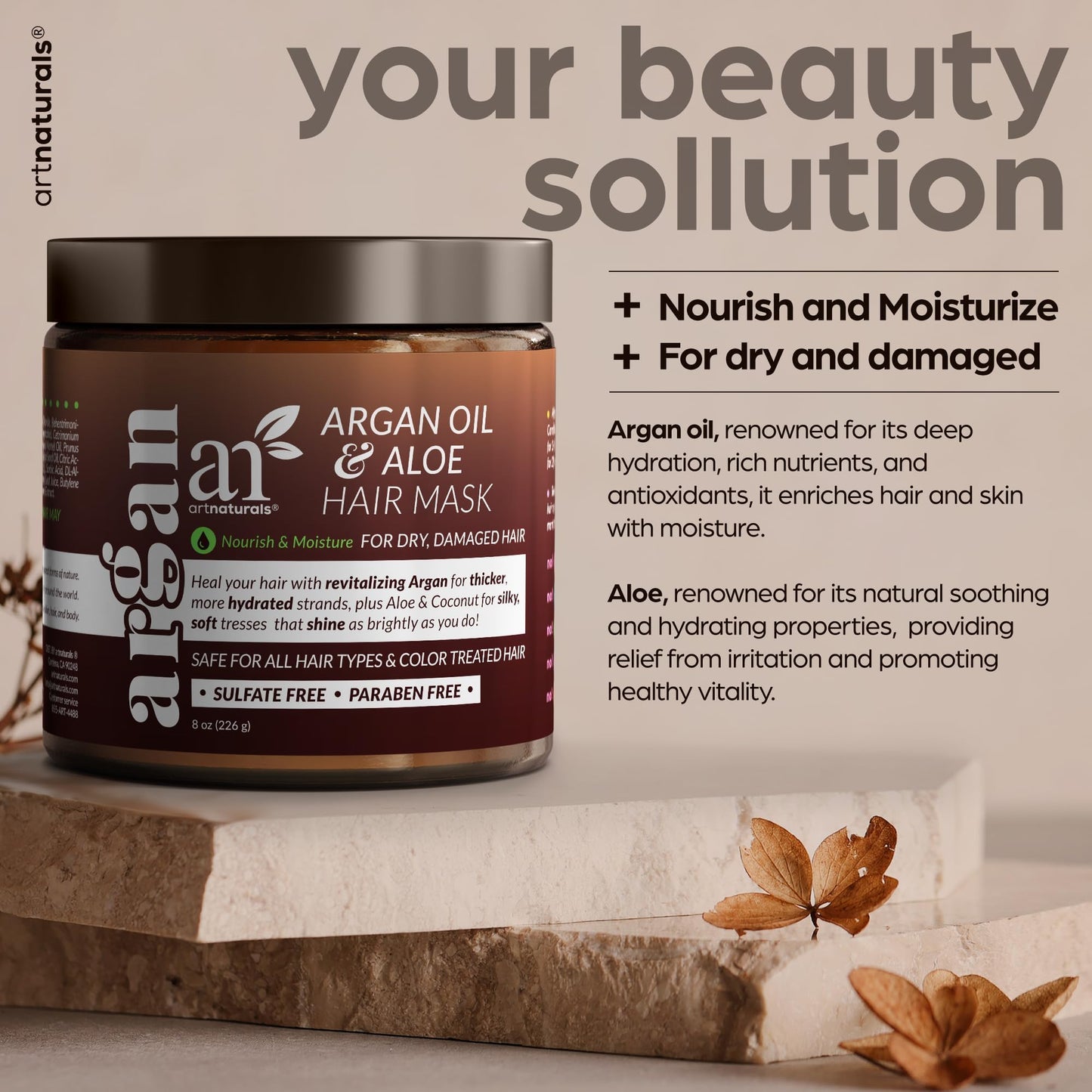 Artnaturals Argan Hair Mask Conditioner - (8 Oz/226g) - Deep Conditioning Treatment - Organic Jojoba Oil, Aloe Vera & Keratin - Repair Dry, Damaged