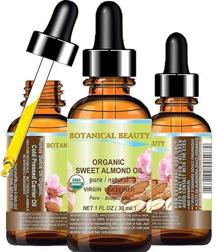 Botanical Beauty Organic SWEET ALMOND OIL 100% Pure Natural Virgin Unrefined Undiluted Cold Pressed Carrier Oil for Face, Skin, Body, Hair, Massage