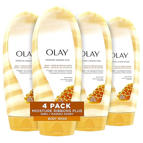 Body Wash by Olay, Moisture Ribbons Plus Shea + Manuka Honey Body Wash, 18 fl oz (Pack of 4)