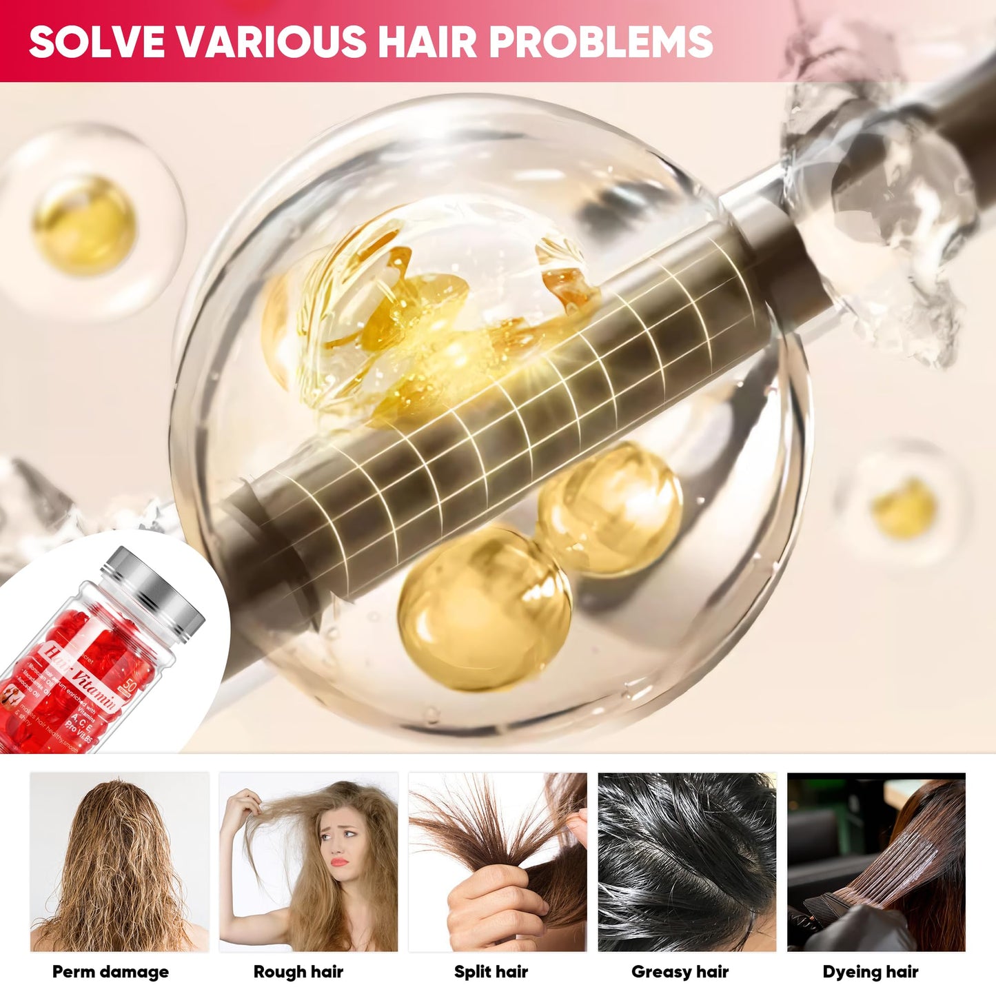 Jaxmoon Hair Treatment Serum - Bali Secret Hair Vitamin, No Rinse with Moroccan Macadamia Avocado Oils, Vitamins A C E Pro Vit B5, 50 Capsules