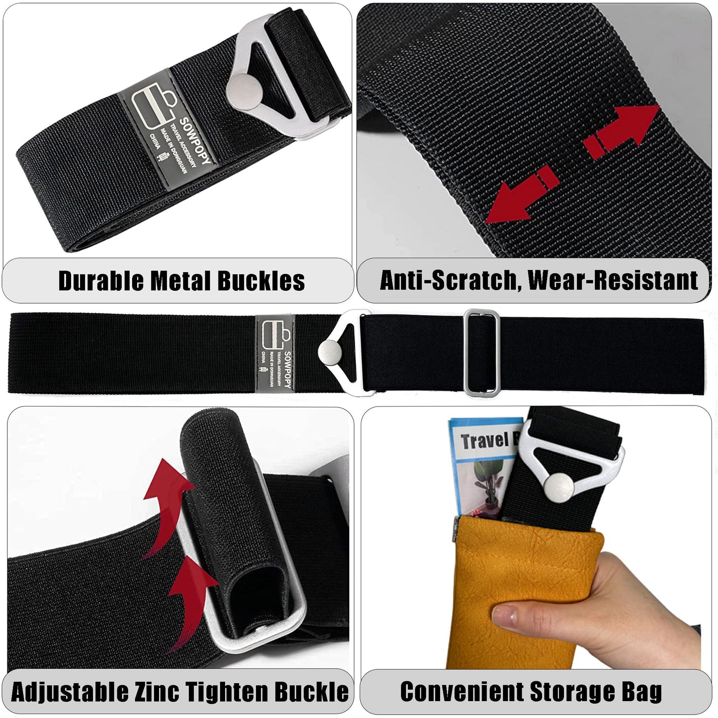 SOWPOPY Travel Belt for Luggage – Adjustable Add-a-Bag Strap, 2-in-1 Elastic Suitcase Belt Over Handle for Carry-On & Travel Accessories (Black)