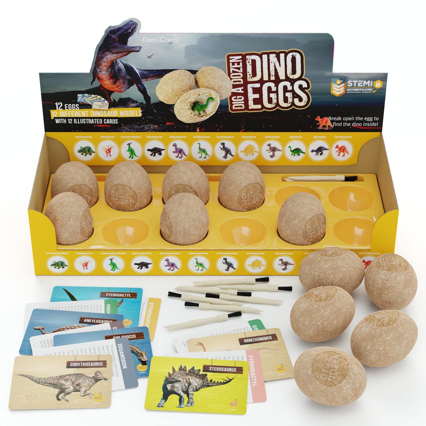 Dan&Darci Dig a Dozen Dino Egg Kit – Dinosaur Toys for Kids Ages 3-12, 12 Surprise Dino Eggs, STEM Science Activity & Party Gift