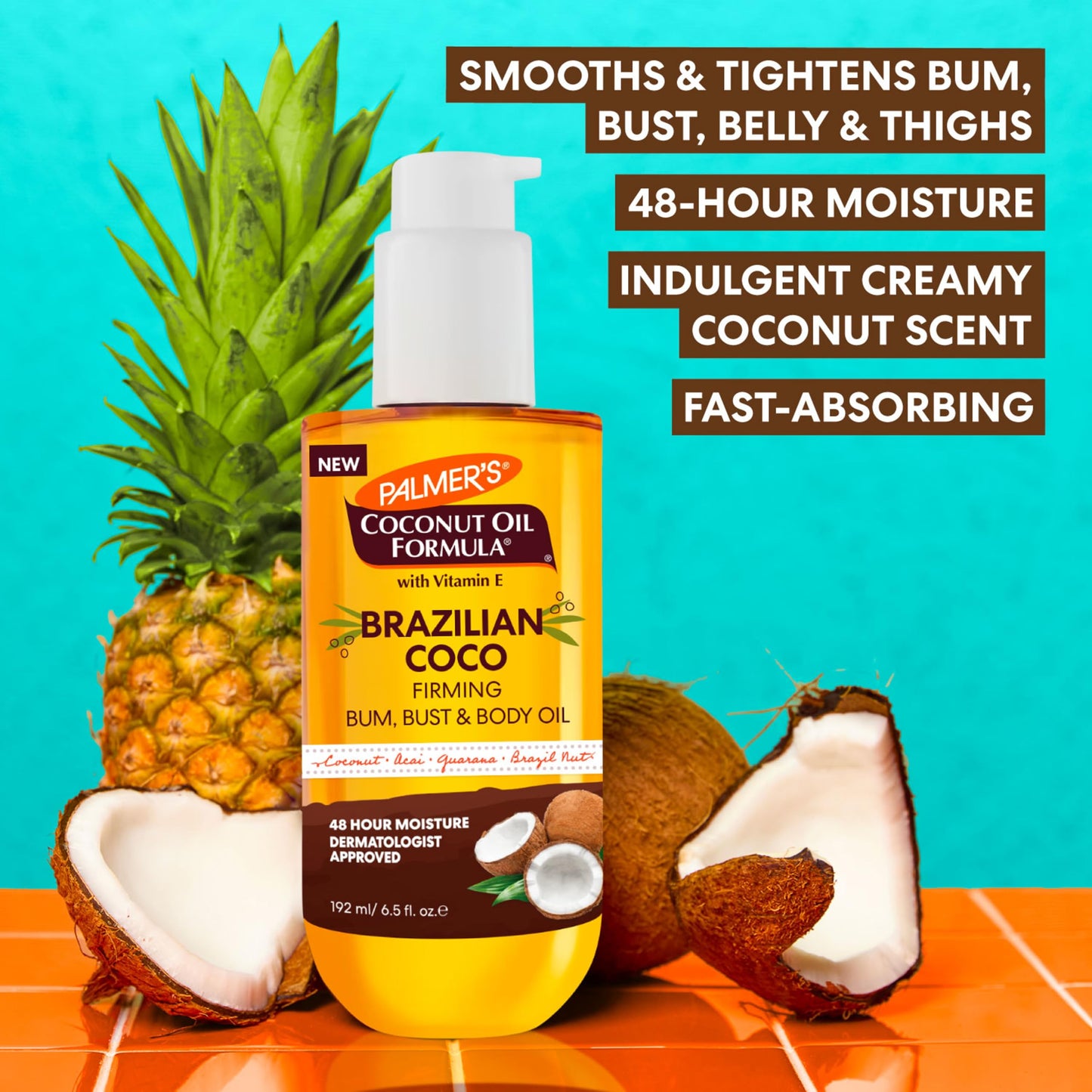 Palmer's Coconut Oil Formula Brazilian Coco Firming Body Oil with Vitamin E, 6.5 Fl Oz, Helps with Skin Tightening & Firming of Bum, Bust & Belly