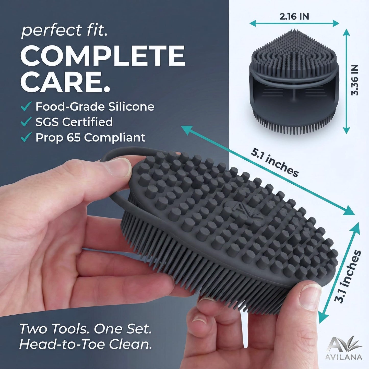 Avilana Premium Body Scrubber and Face Brush Set - Trusted Since 2017 - SGS Certified Silicone 2-in-1 Shower Kit, Dual Sided Gentle Exfoliating Loofah
