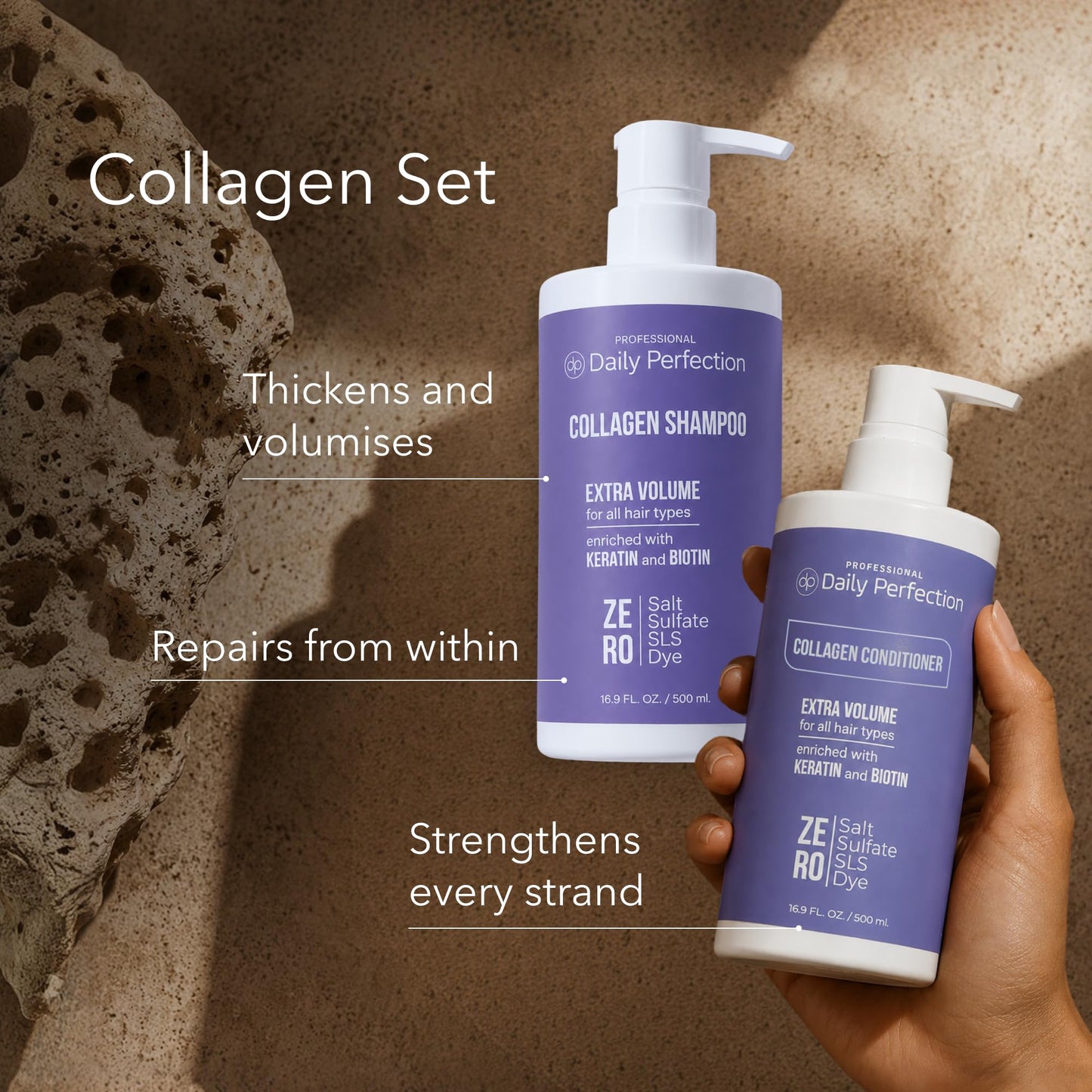 Daily Perfection Collagen Shampoo and Conditioner Set - Extra Volume Hair Care Duo with Biotin and Keratin for All Hair Types - Salt, Sulfate