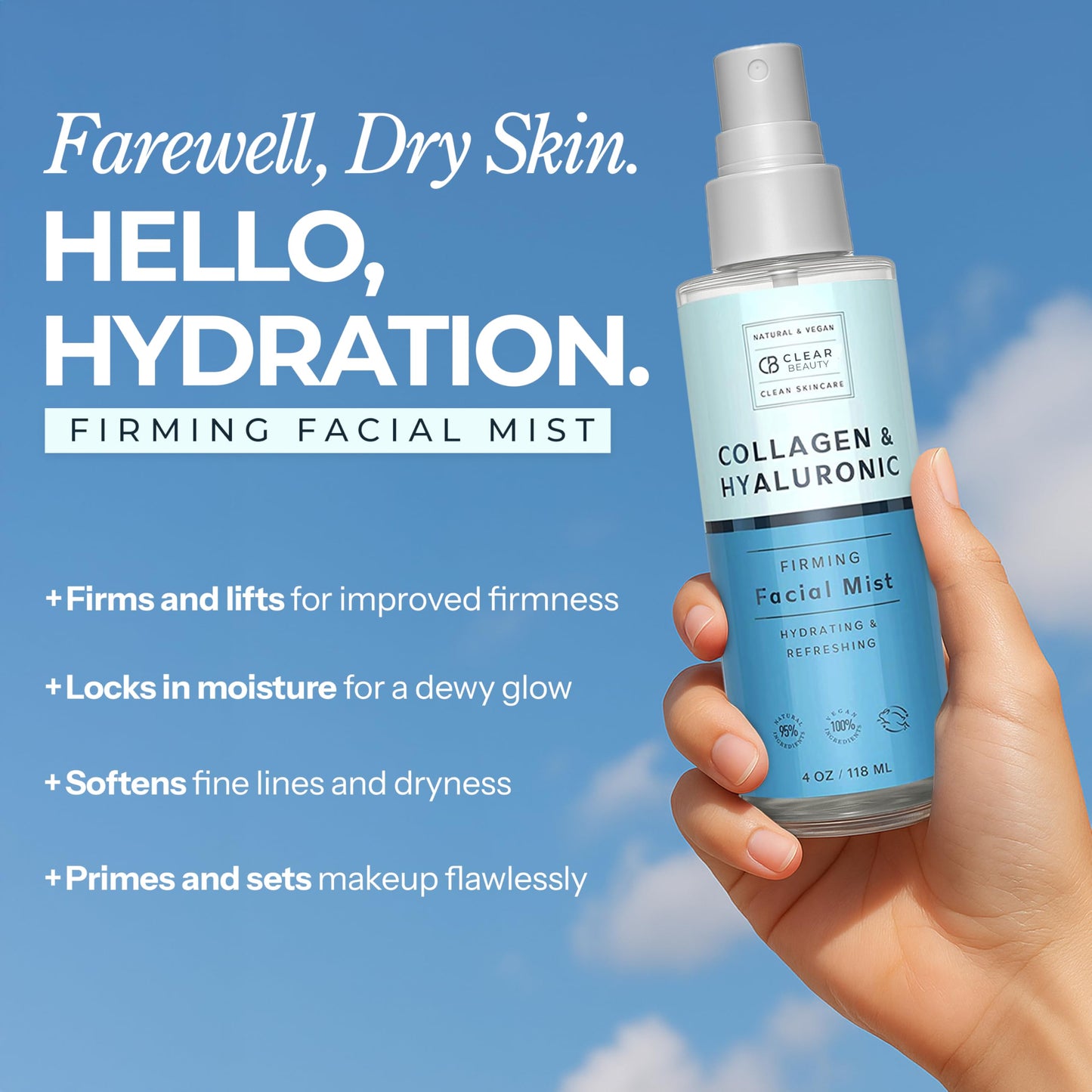 Clear Beauty Hyaluronic Acid & Collagen Face Mist - Dermatologist Tested, Moisturizes & Tones Skin, Anti-Aging, Natural Ingredients, Cruelty-Free, 95%