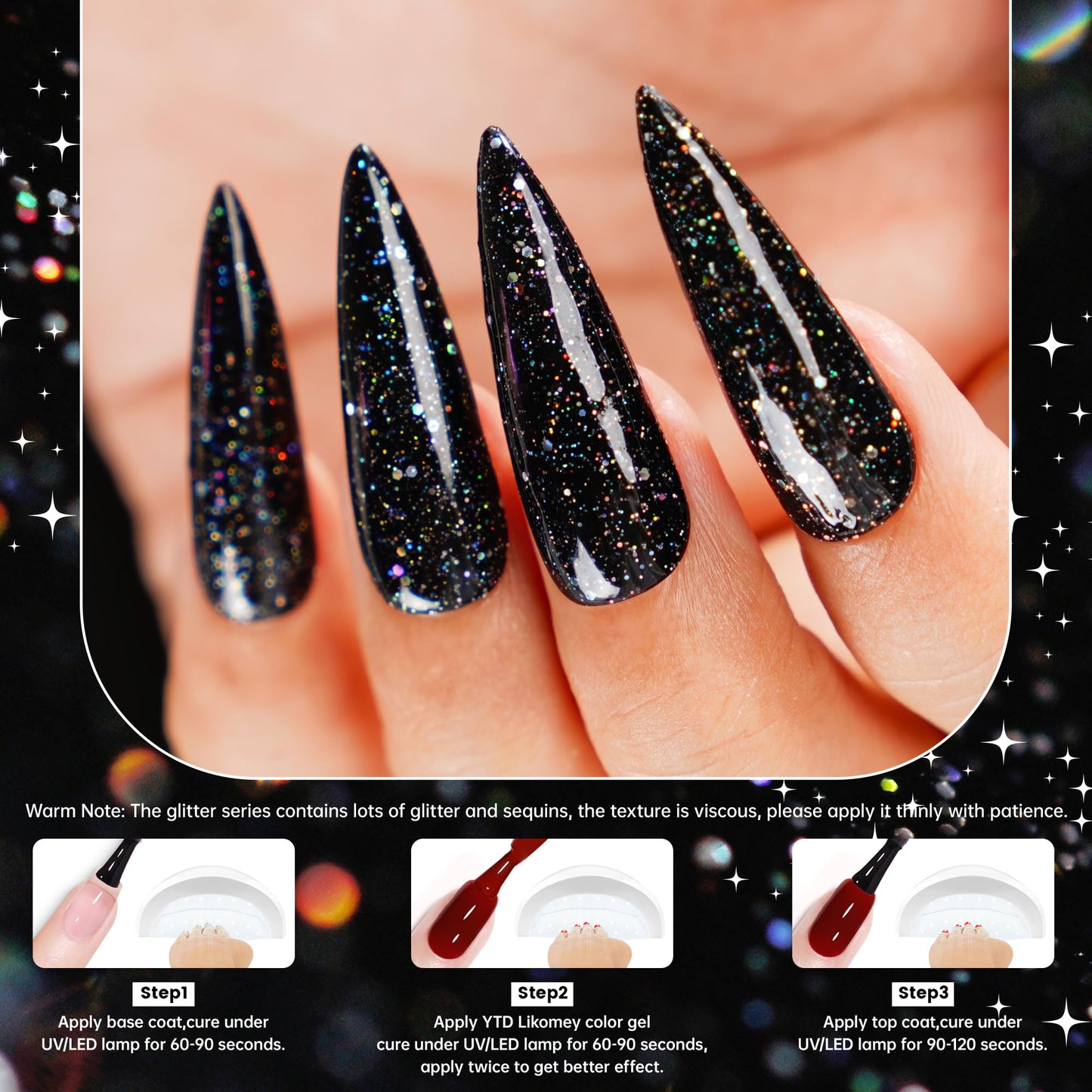 YTD Likomey Gel Nail Polish,15ml Sparkling Colorful Chunky Black Glitter Gel,Shiny Fall Winter Salon Home DIY Soak Off UV Manicure and Pedicure