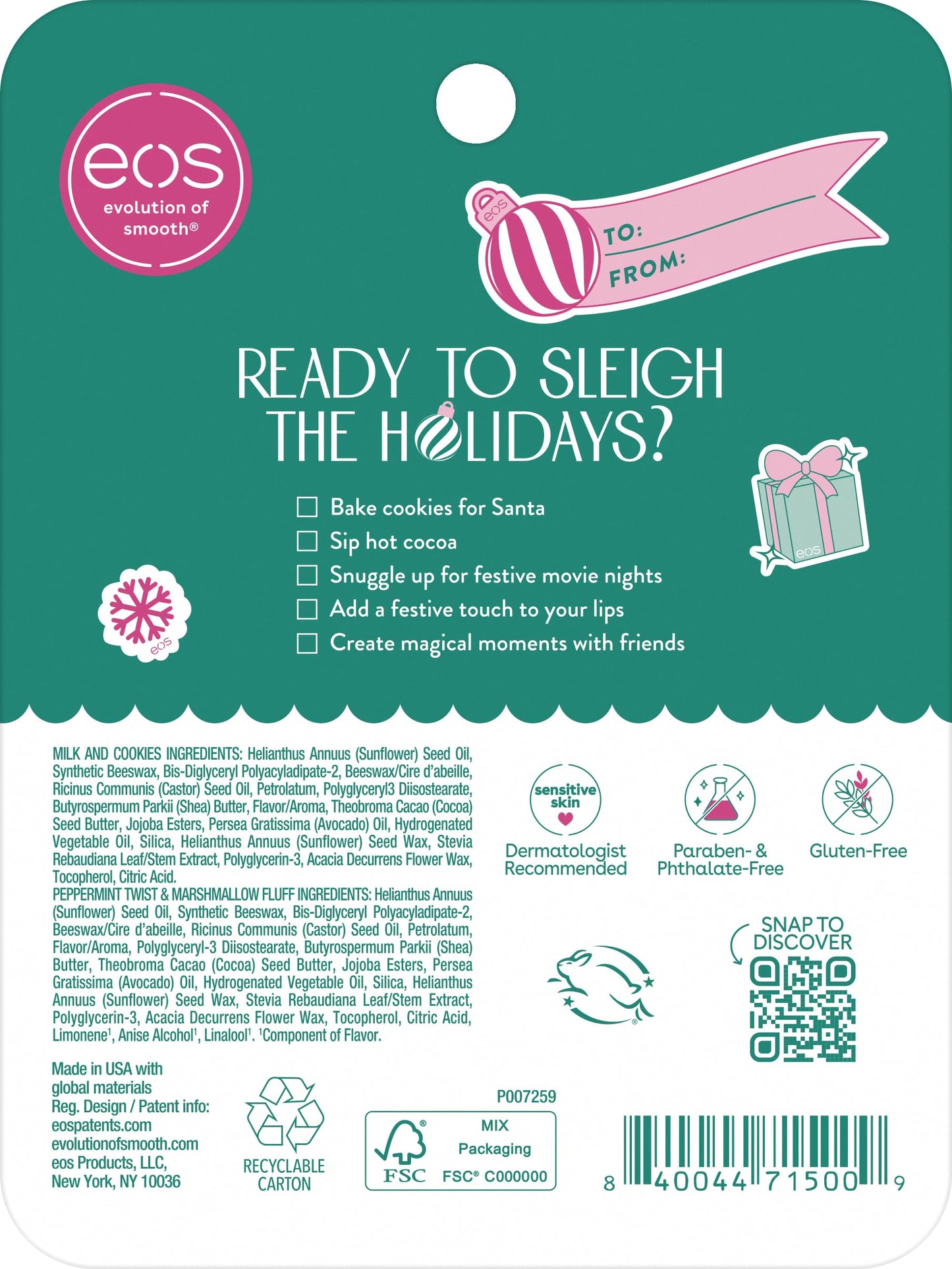 eos Holiday 24H Moisture Mini Super Balm Set, Peppermint Twist, Milk & Cookies, Marshmallow Fluff, Limited Edition Lip Care, Stocking Stuffers, 0.24
