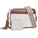 Crossbody Bags for Women Shoulder Handbags: Quilted Wallet Set Vegan Leather Purses with Tassel Adjustable Guitar Wide Strap White-Brown