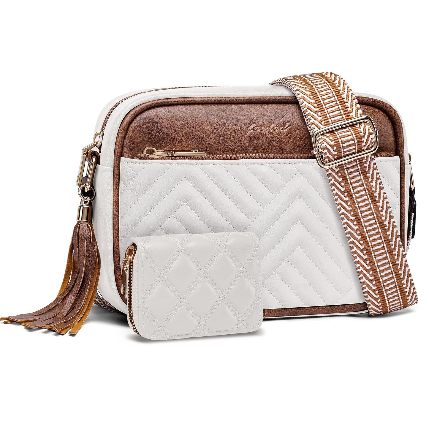 Crossbody Bags for Women Shoulder Handbags: Quilted Wallet Set Vegan Leather Purses with Tassel Adjustable Guitar Wide Strap White-Brown