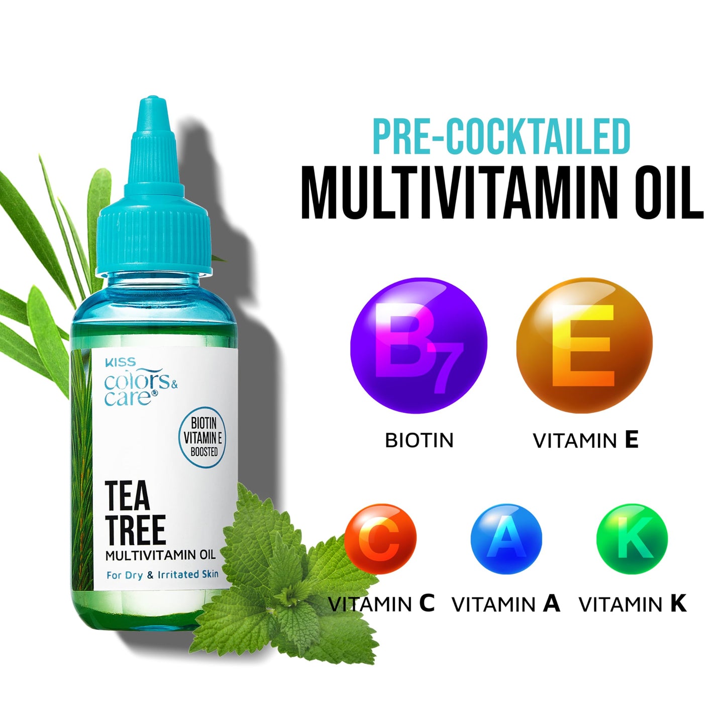 KISS COLORS & CARE Tea Tree Multivitamin Oil for Hair & Skincare, Infused with Biotin, Vitamin E and Natural Oils for Long-Lasting Hydration