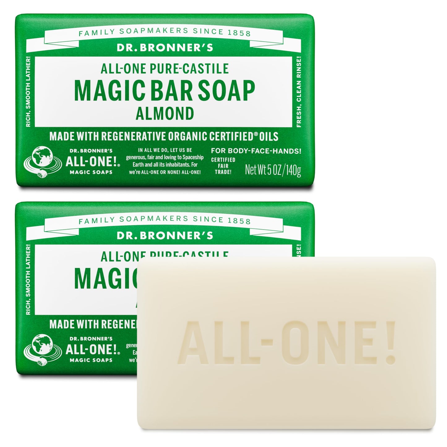 Dr. Bronner's Pure-Castile Magic Bar Soap - Made with Regenerative Organic Certified Oils - For Face, Body, Hair - Gentle Cleanse - Vegan Bath Soap