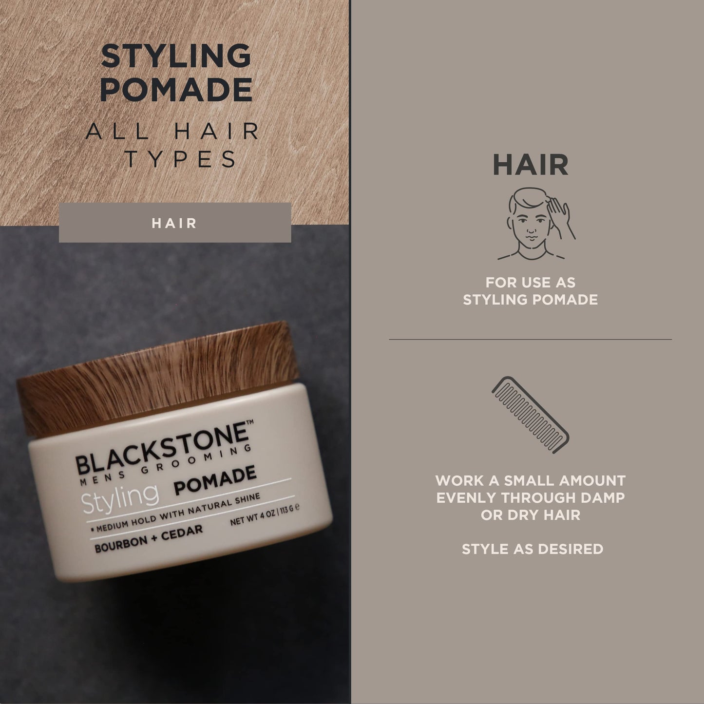 Blackstone Men's Grooming Hair Styling Pomade - Medium Hold with Natural Shine | Bourbon + Cedar (4 oz)