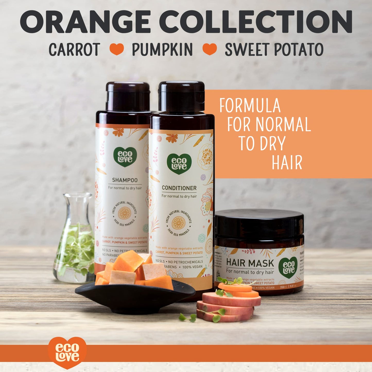 ecoLove - Natural Conditioner for Dry, Damaged Hair and Color Treated Hair - No SLS or Parabens - With Natural Carrot and Pumpkin Extract - Vegan