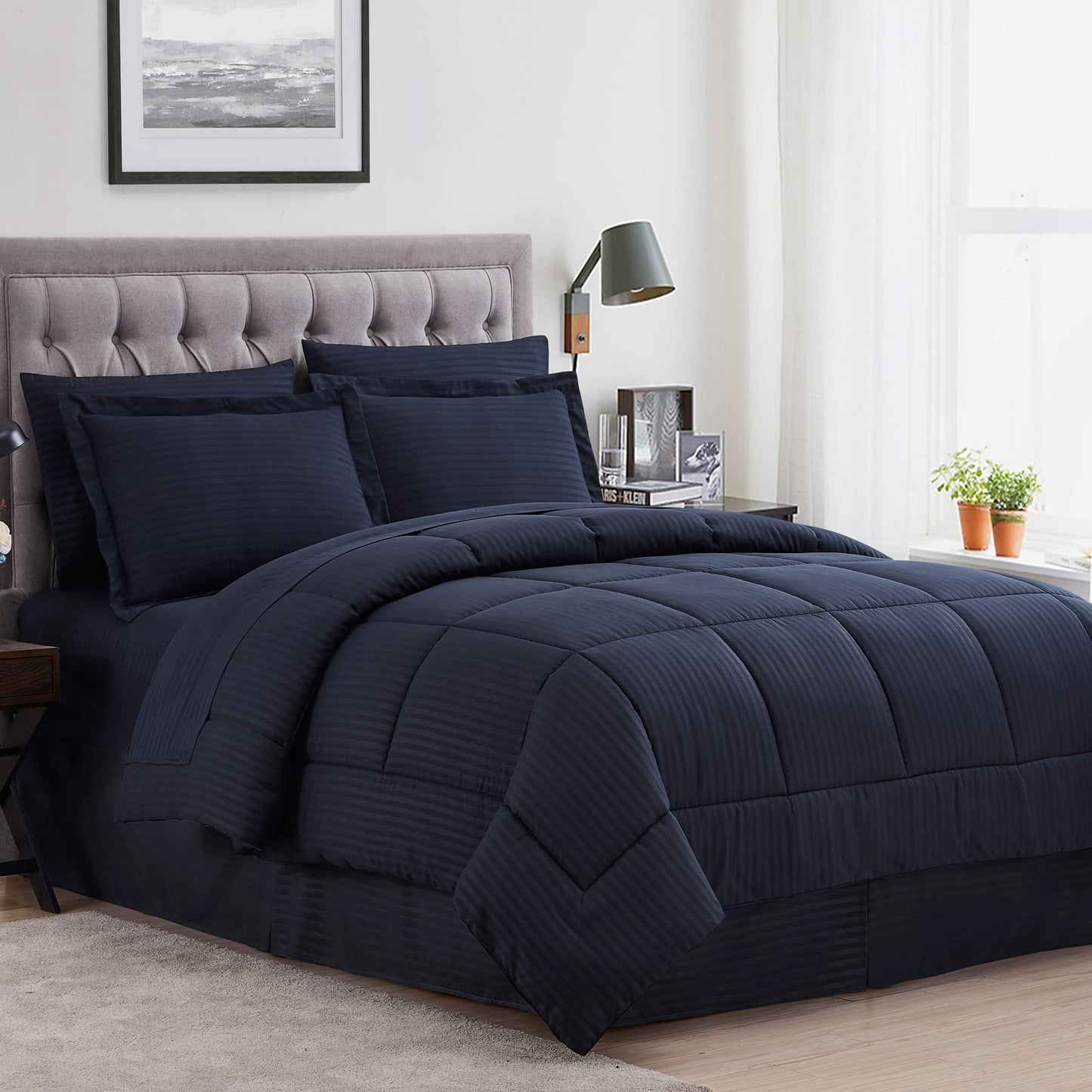 King Size Comforter Set 8 Piece Bed in a Bag with Bed Skirt, Fitted Sheet, Flat Sheet, 2 Pillowcases, 2 Pillow Shams, King, Dobby Navy