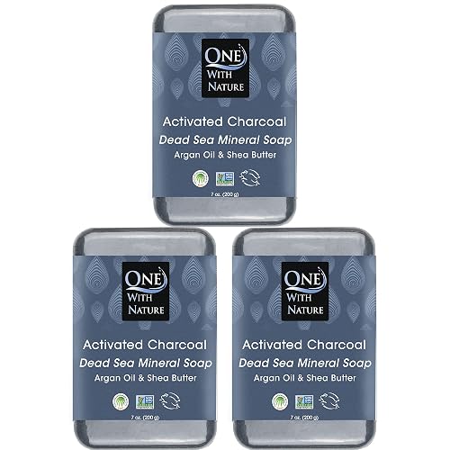 One With Nature Activated Charcoal Soap 7oz 3-Pack - Detoxifying and Exfoliating Charcoal Soap Bar with Dead Sea Salt for Face & Body, for Men & Women