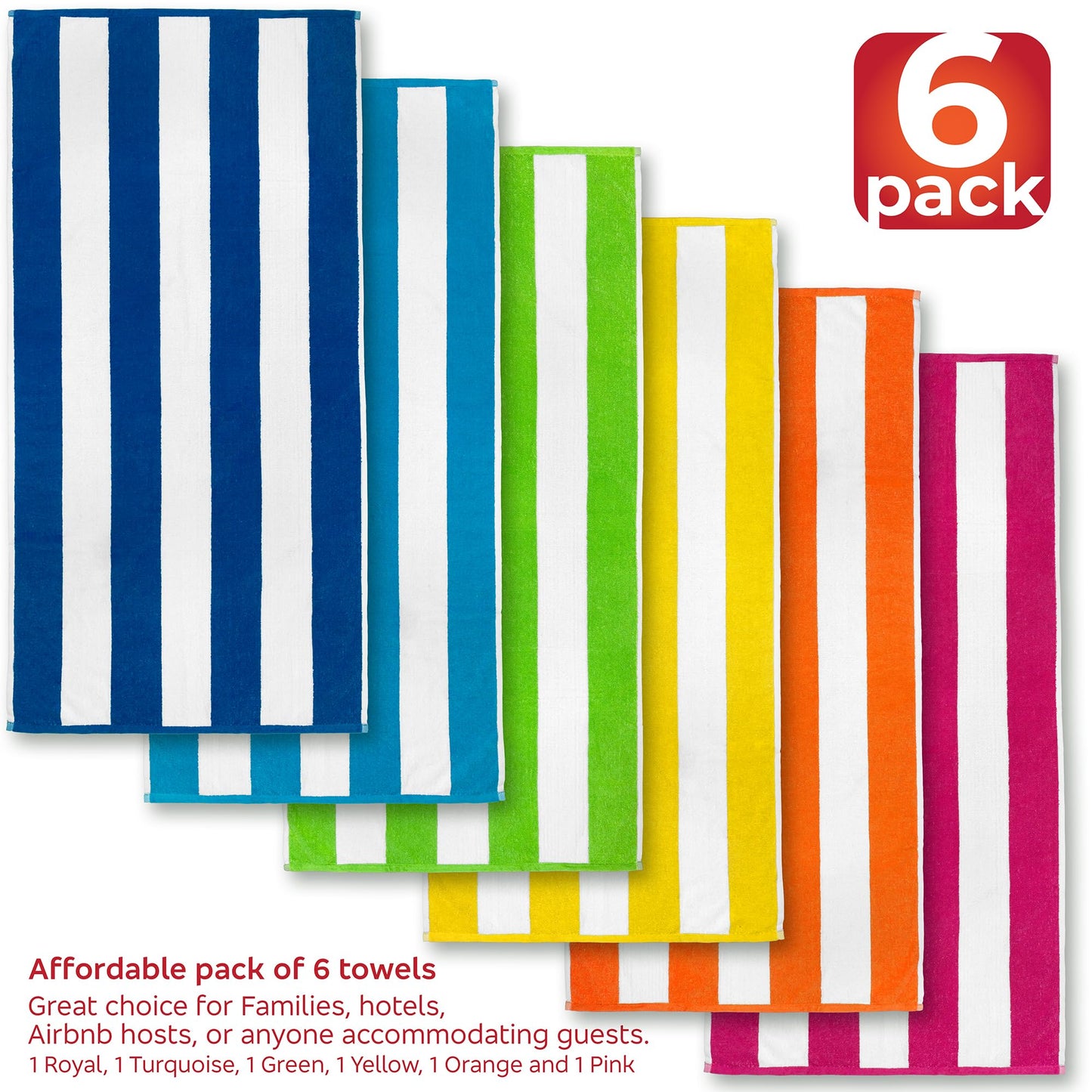 Cabana Beach and Pool Towel 6 Pack - 30in x 60in - Soft and Absorbent Eco-Friendly Terry Loop (Royal, Turquoise, Green, Yellow, Orange and Pink, 06…