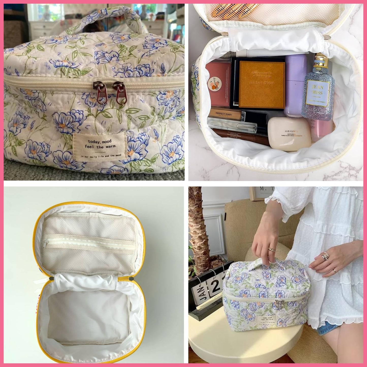 uekeboag Large Travel Quilted Makeup Bag for Women, Floral Cotton Cosmetic Bag, Coquette Aesthetic Floral Toiletry Organizer Bag (03White-Bear) Beauty and Personal Care uekeboag