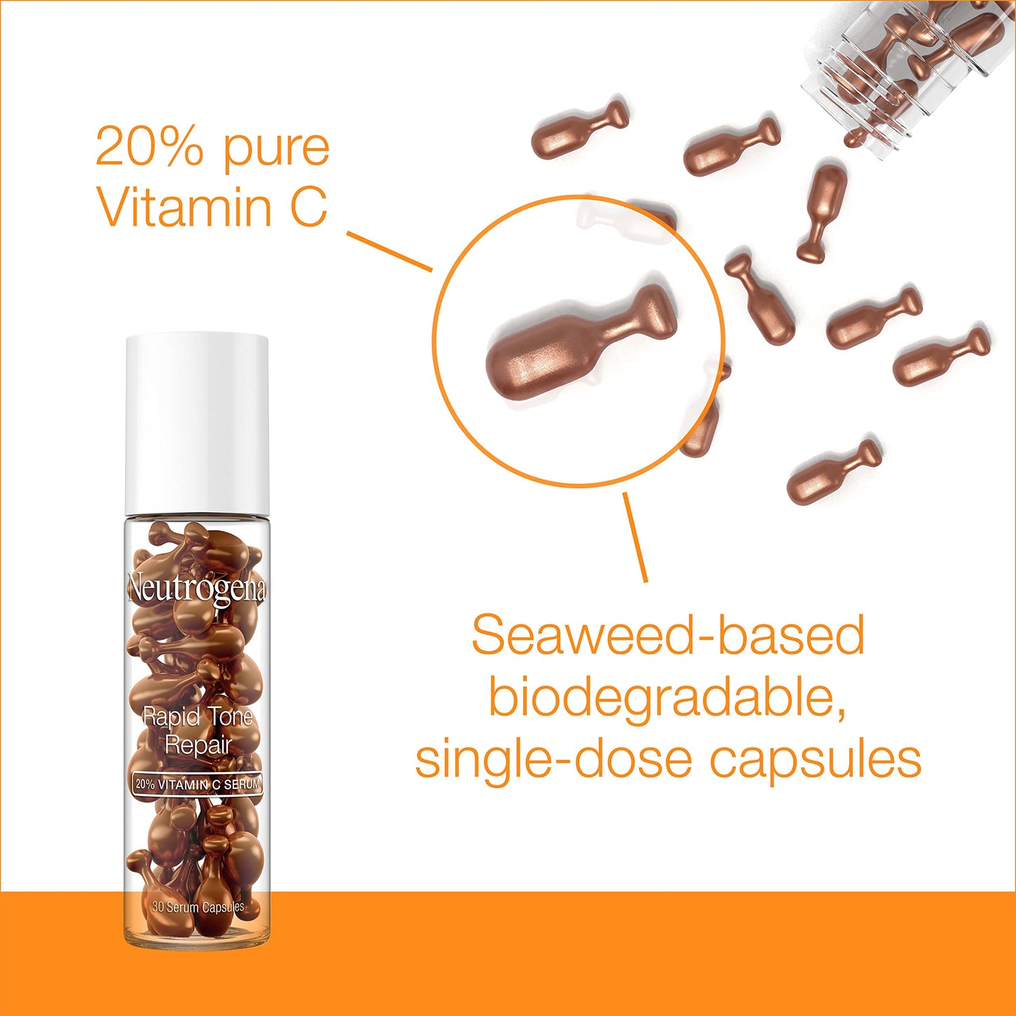 Neutrogena Rapid Tone Repair 20% Vitamin C Brightening Serum Capsules, Antioxidant Face Serum to Brighten Look of Dark Spots & Even Skin Tone