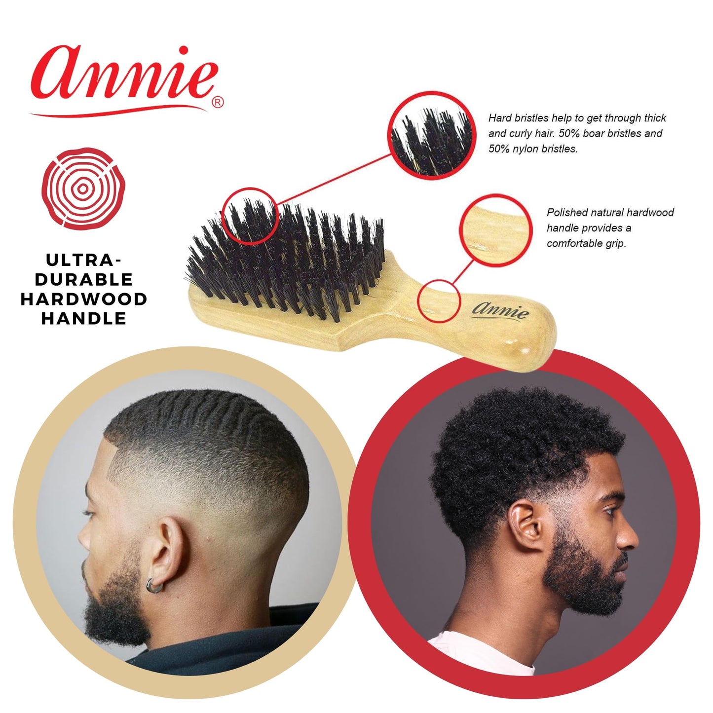 Annie Natural Boar Bristle Hard Club Brush #2061, Reinforced boar bristles, reinforced bristles, wavy hair, straight hair, long hair, short hair, no