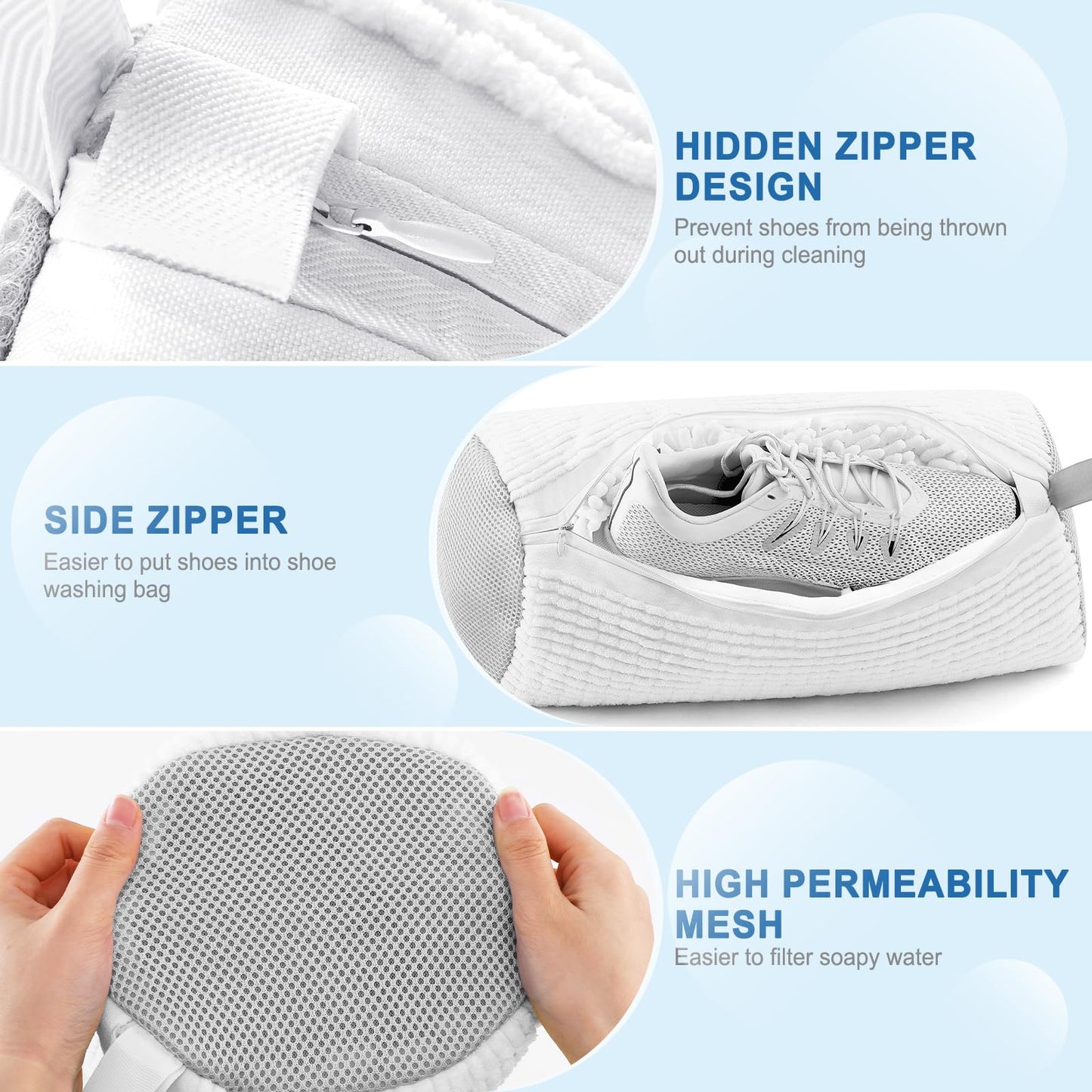 Shoe Laundry Bag 2-Pack – Side Zipper Washing Machine Bags for Sneakers, Reusable Shoe Cleaner for All Sizes – White